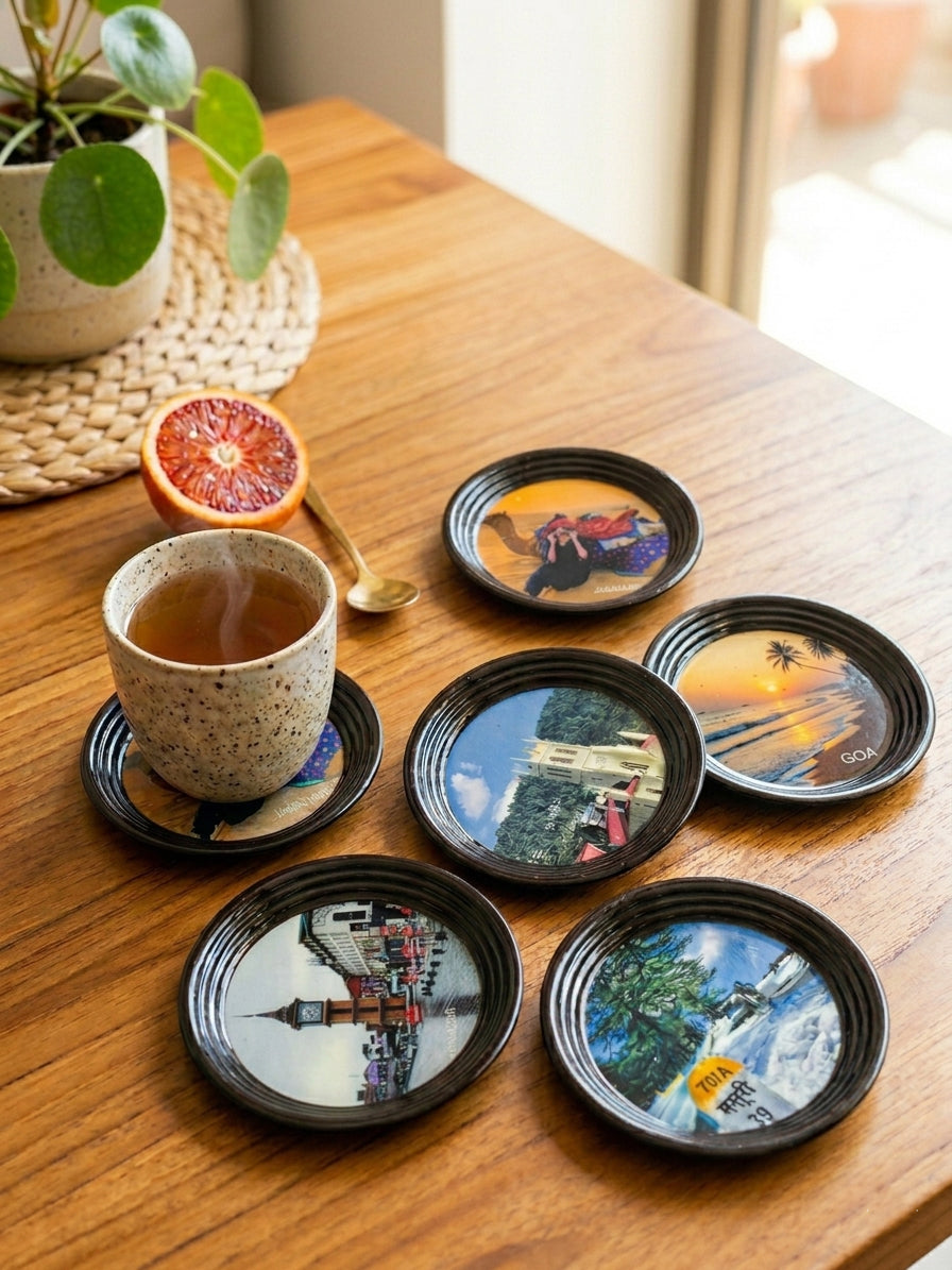 Resin Coated Metal Coaster Set of 6 with Stand | Travel Theme Black Tea Coffee Coasters | Waterproof Heat Resistant Table Coasters