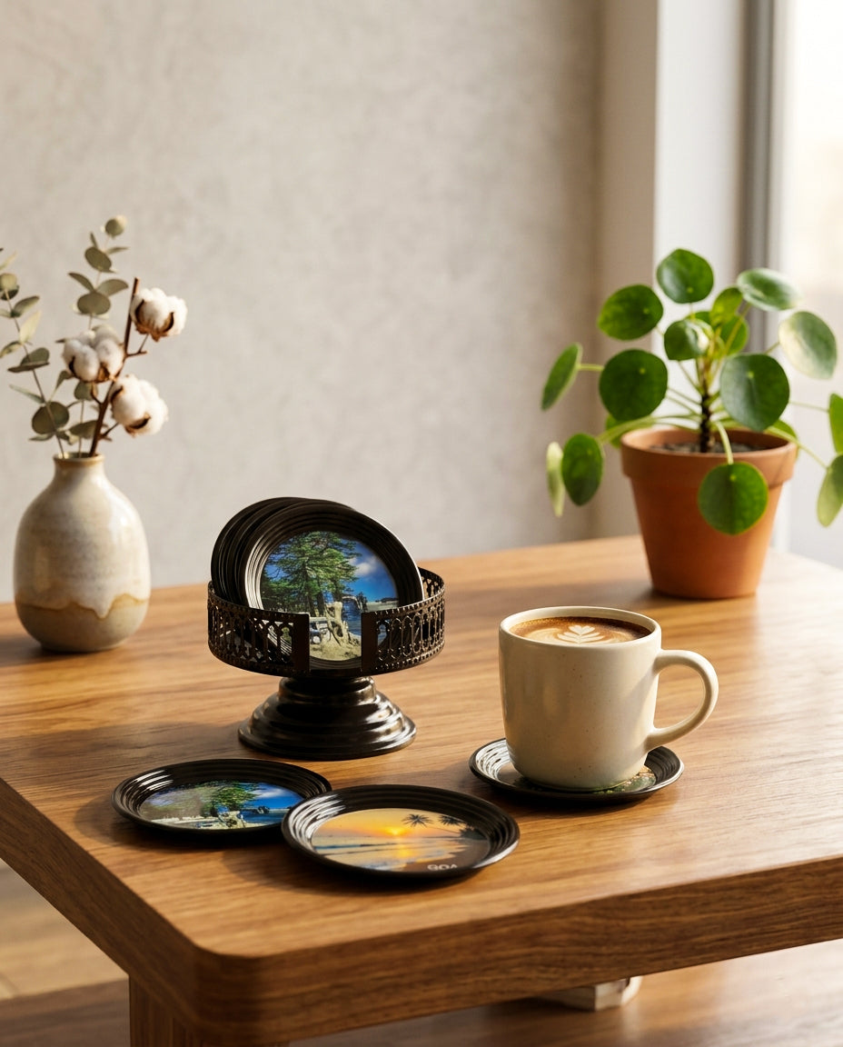 Resin Coated Metal Coaster Set of 6 with Stand | Travel Theme Black Tea Coffee Coasters | Waterproof Heat Resistant Table Coasters