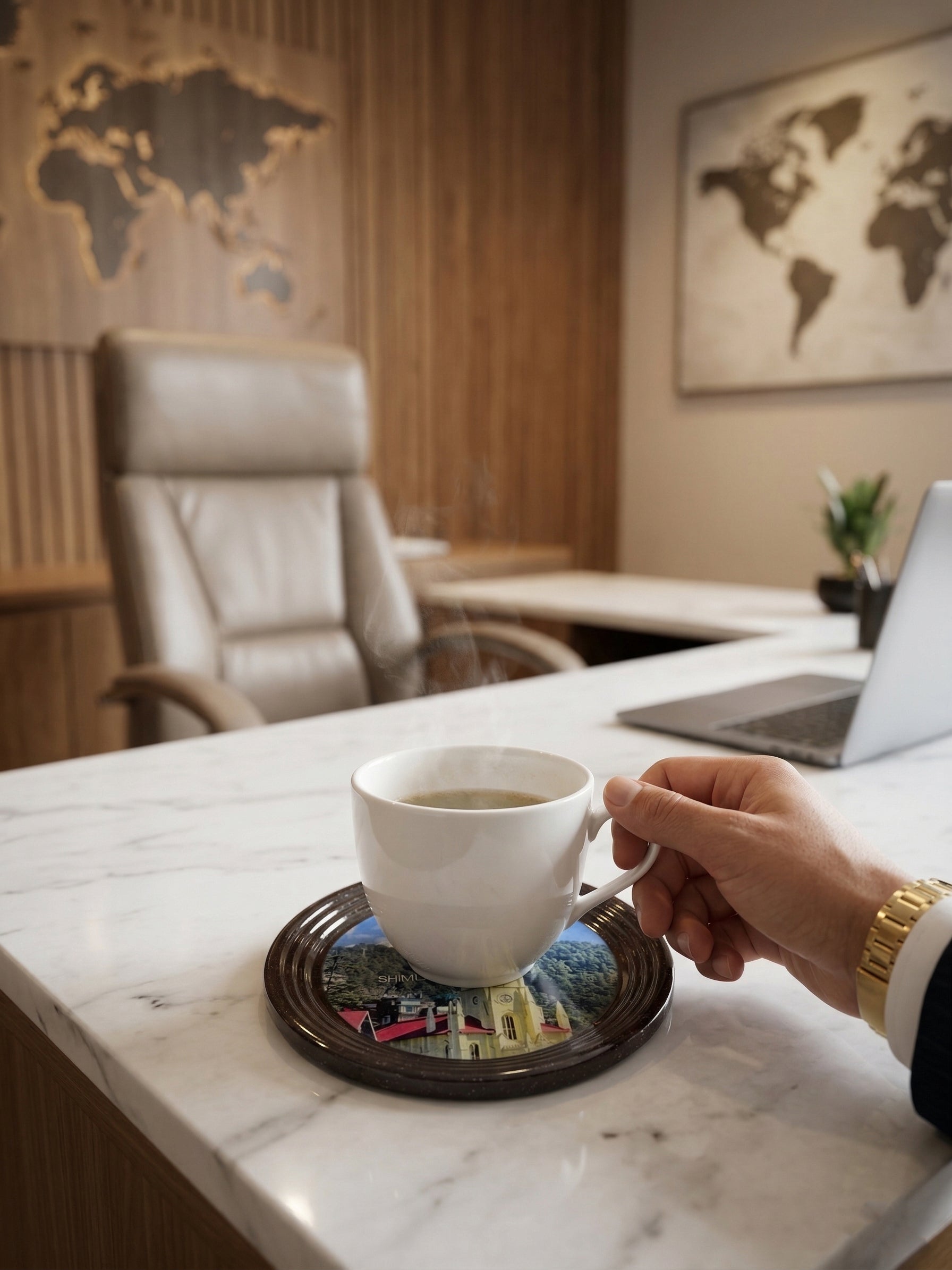 Resin Coated Metal Coaster Set of 6 with Stand | Travel Theme Black Tea Coffee Coasters | Waterproof Heat Resistant Table Coasters