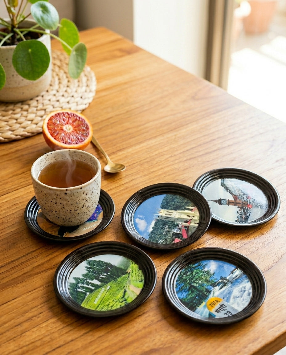 Resin Coated Metal Coaster Set of 6 with Stand | Travel Theme Black Tea Coffee Coasters | Waterproof Heat Resistant Table Coasters