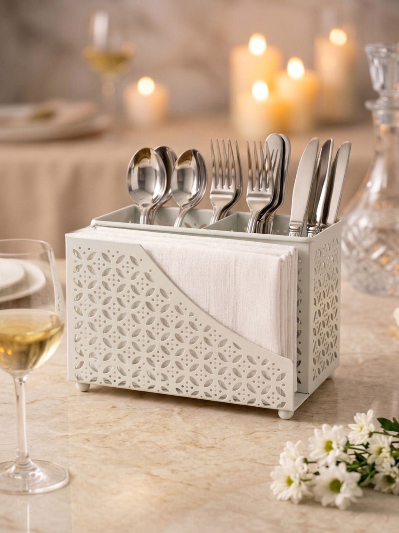 Premium 2-in-1 Cutlery & Napkin Holder | Elegant Cream Metal Organizer with Laser Cut Floral Design | Tabletop Storage for Spoons, Forks, Knives & Tissue | Kitchen & Dining Decor
