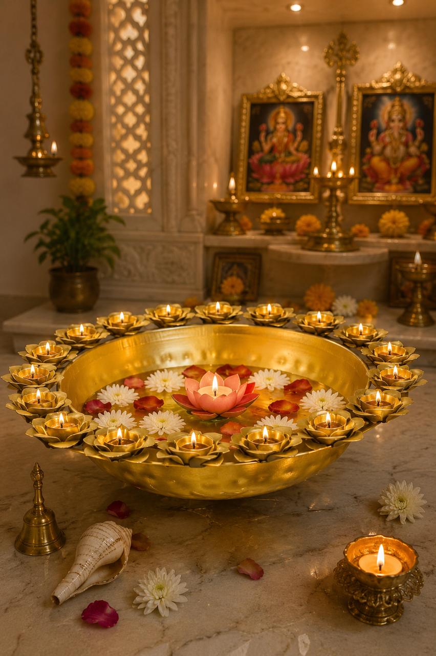 Premium Metal Urli Bowl with Rose Diya Holders | Decorative Floating Flower Urli for Water, Candles & Tea Lights | Traditional Pooja Urli for Diwali, Home Décor, Wedding & Festive Decoration