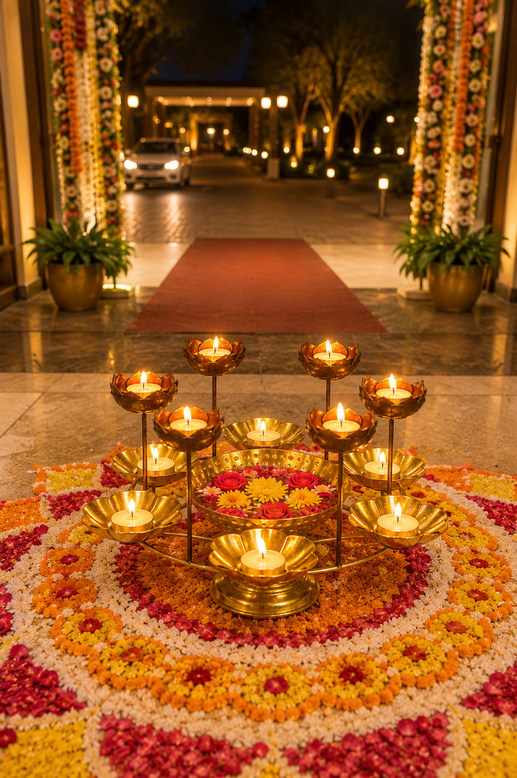 Premium Lotus Urli Bowl with Elevated Tea Light Holders | Decorative Hammered Metal Floating Flower Bowl | Gold Finish Candle Centerpiece for Diwali, Pooja, Weddings, Festivals & Home Décor