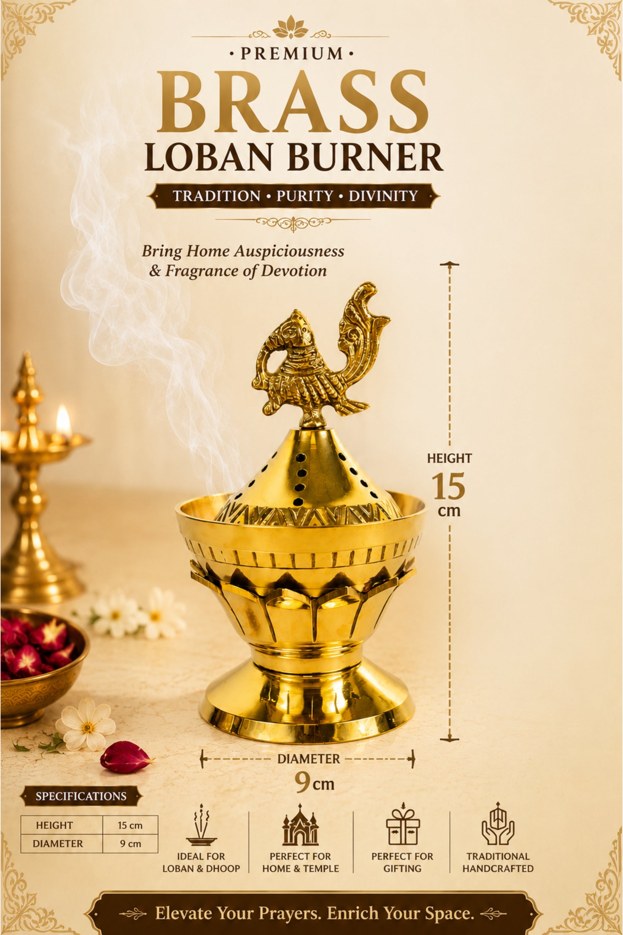 Brass Loban Incense Burner | Peacock Design Dhoop Dani Dhuni Sambrani Bakhoor Burner | Decorative Incense Holder for Home & Temple