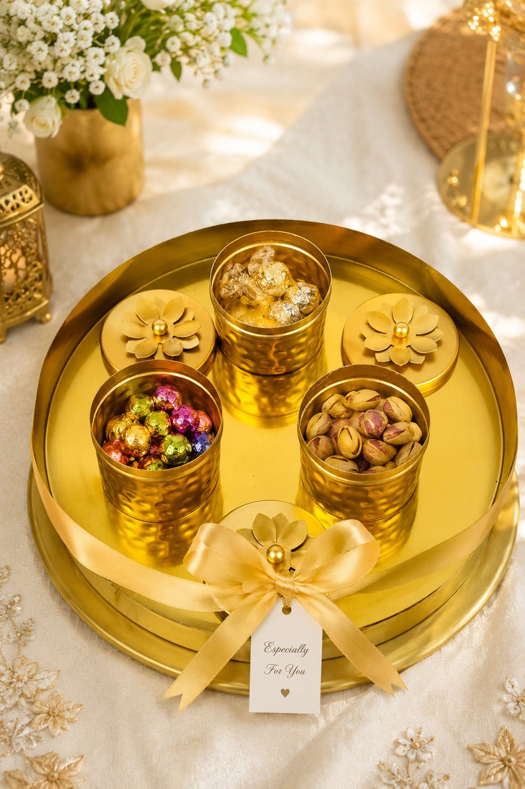 Premium 3 Piece Metal Storage Container Set with Round Serving Tray | Decorative Gold Canister Set for Dry Fruits, Snacks, Mukhwas & Kitchen Storage | Elegant Organizer for Home & Gifting