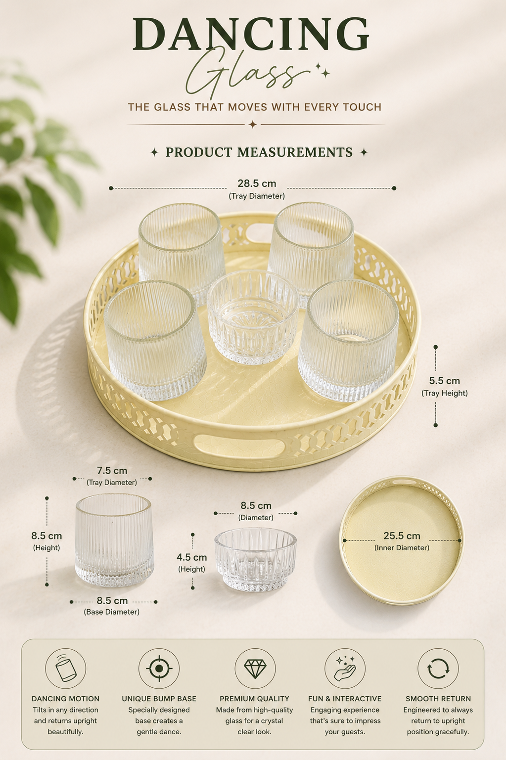 Premium Dancing Glass Serving Set with Round Metal Tray | 4 Self-Balancing Rocking Glasses & 1 Crystal Snack Bowl | Decorative Beverage Serving Set for Tea, Juice, Whisky, Cocktails & Home Décor