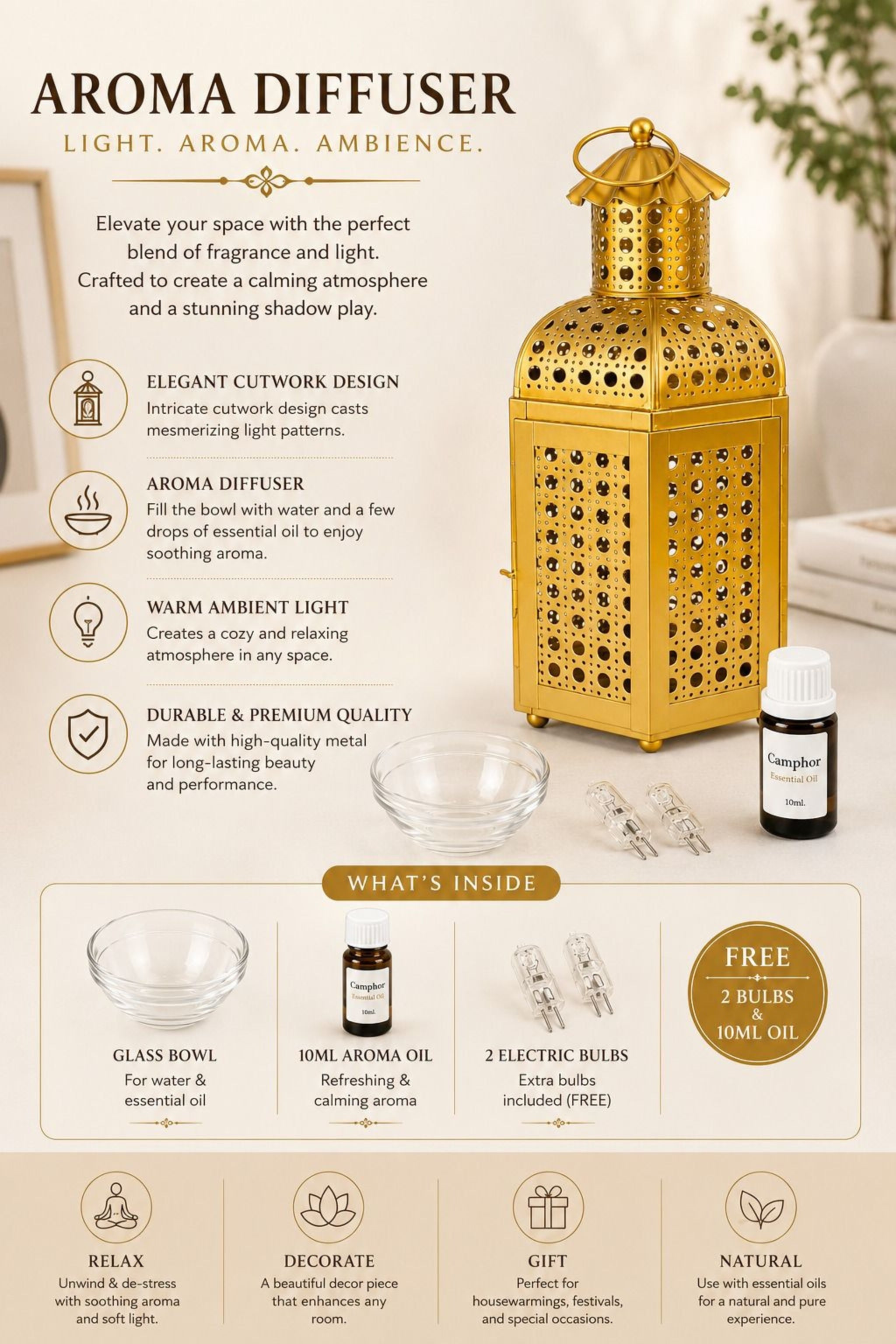 Premium Lantern Style Metal Aroma Diffuser Lamp with Essential Oil | Elegant Cutwork Electric Burner | Warm Ambient Light Aromatherapy Diffuser | Decorative Fragrance Lamp for Home & Gifting