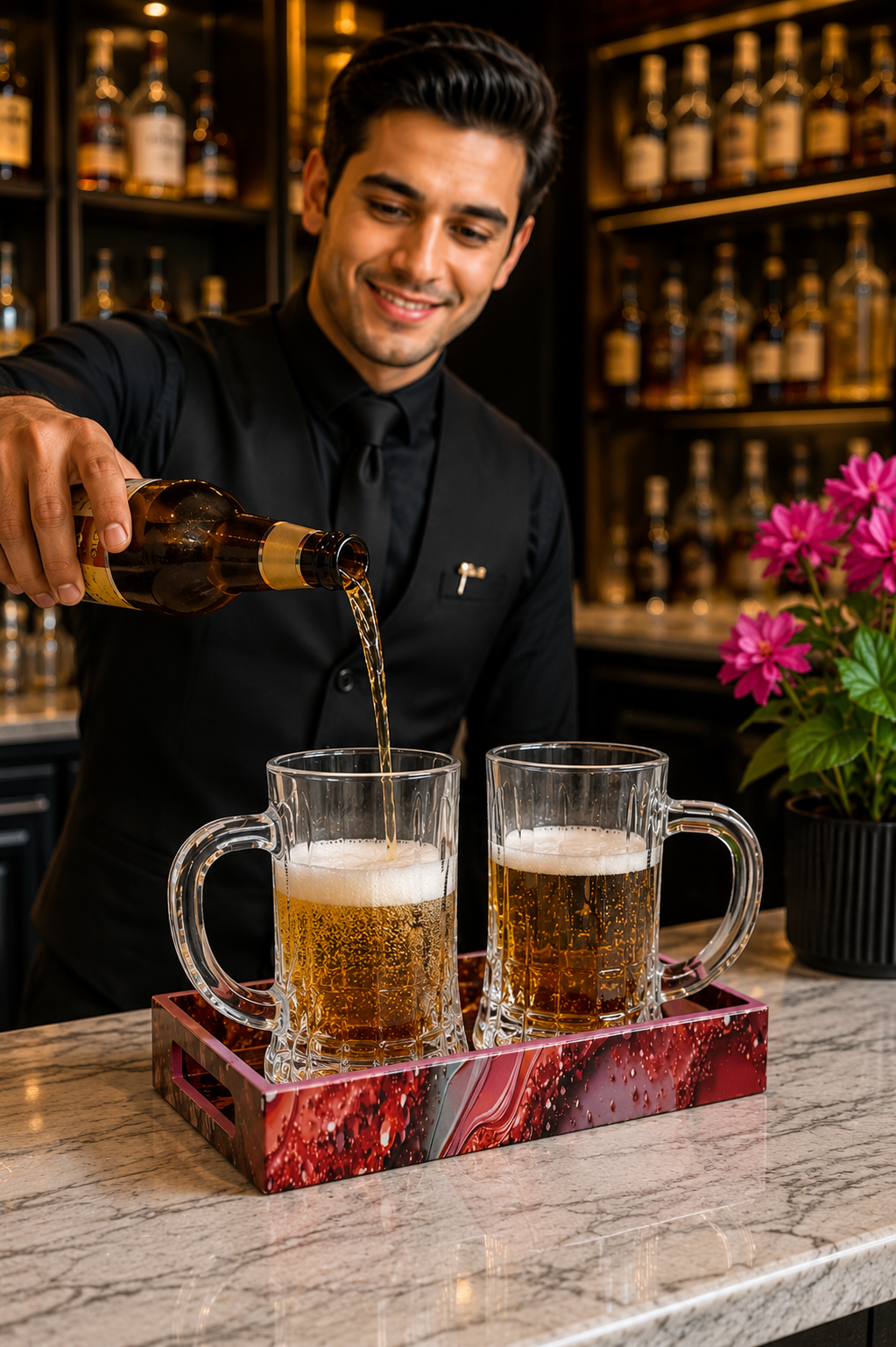 Premium Beer Mug Set with Decorative MDF Serving Tray | 2 Crystal Clear Glass Beer Mugs with Marble Finish Tray | Heavy Handle Beer Glasses for Beer, Juice, Soft Drinks & Home Bar Gift Set