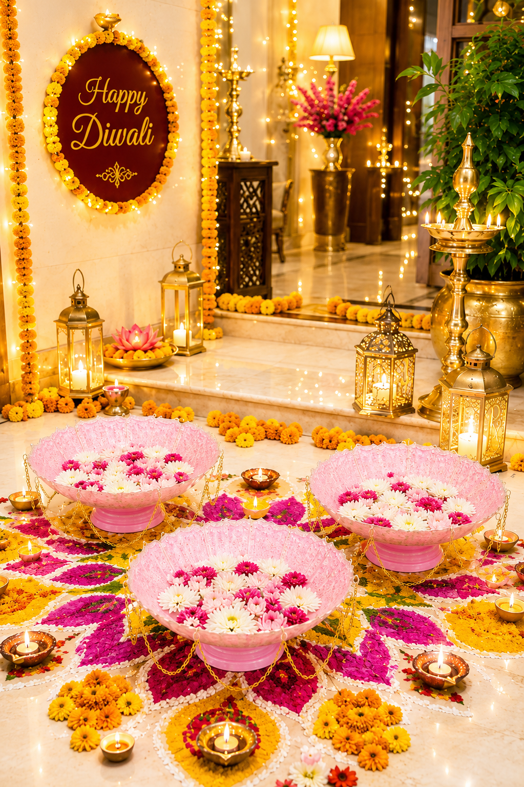 Premium Pink Lotus Urli Bowl Set of 3 with Decorative Chain | Handcrafted Metal Floating Flower Bowls for Water, Candles & Tea Lights | Decorative Urli for Diwali, Wedding, Pooja & Home Décor