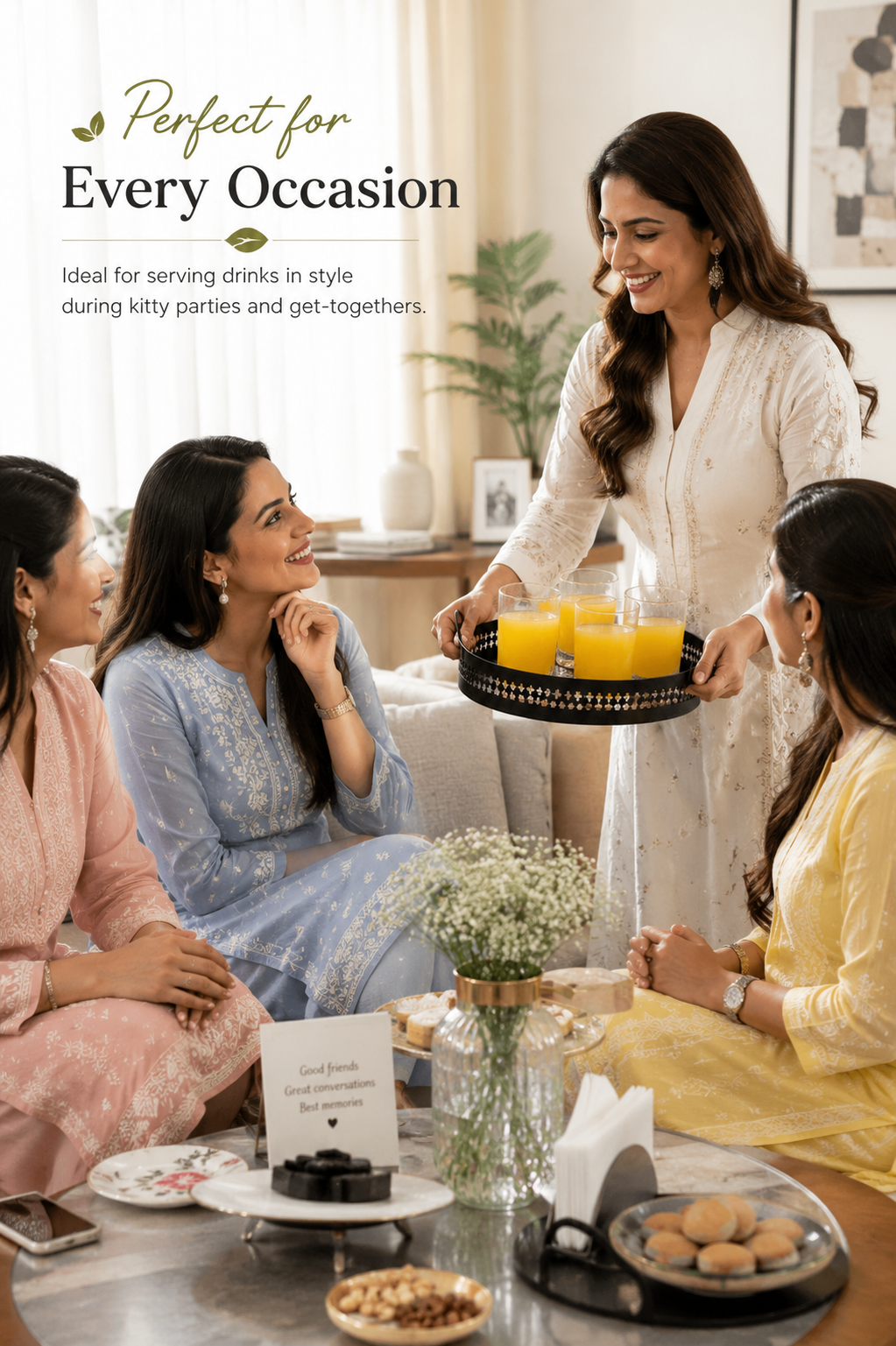 Premium Metal Serving Tray with 4 Crystal Glasses | Round Beverage Serving Set with Decorative Cutout Design & Side Handles | Tea, Juice, Water & Cocktail Glass Set for Home, Dining & Gifting