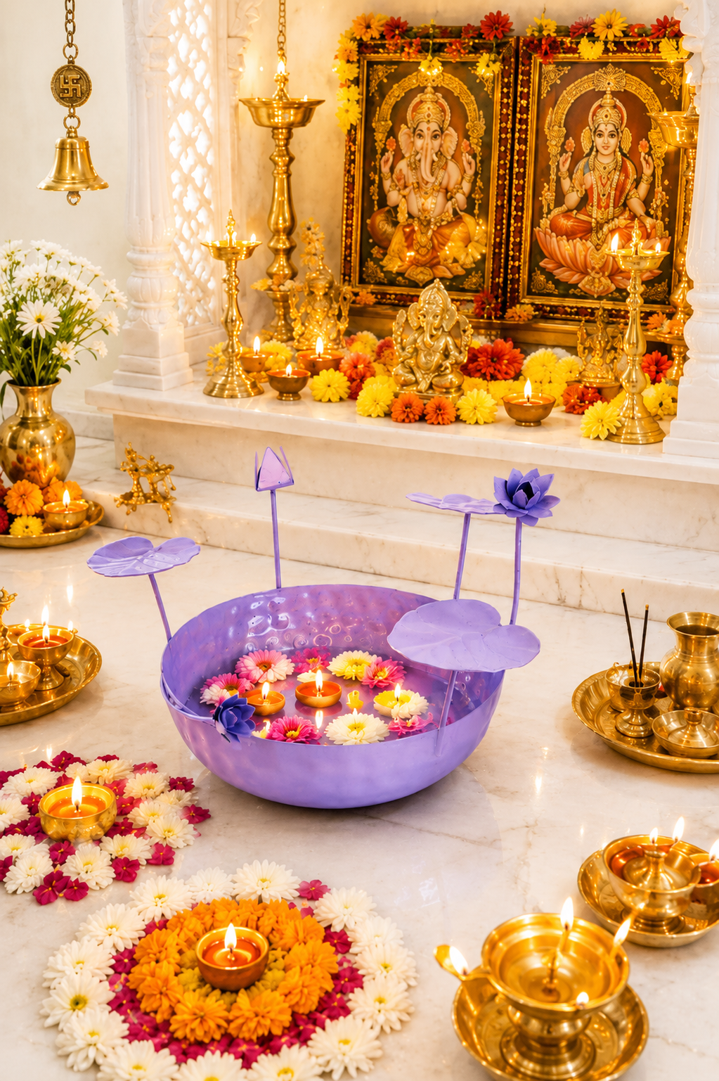 Galvanized Metal Urli Bowl for Floating Flowers & Candles | Decorative Urli with Lotus Stems for Home & Festival Decor (Lavender)