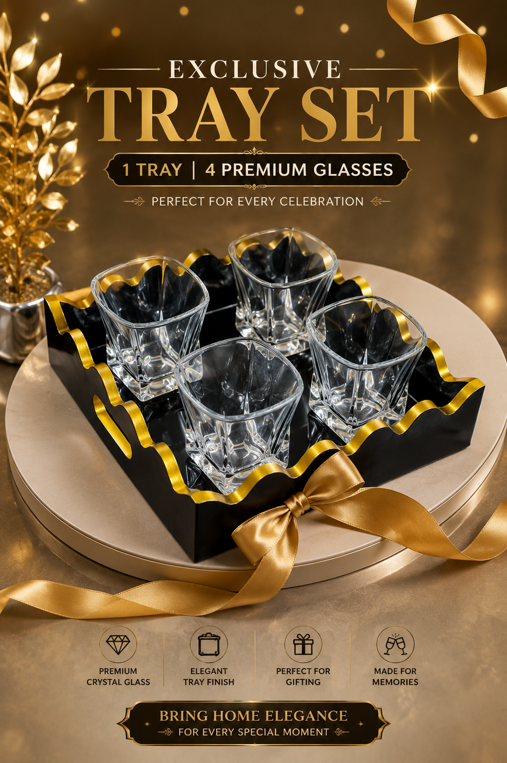 Premium Square Crystal Glass Set with Decorative MDF Serving Tray | 4 Heavy Base Drinking Glasses with Luxury Black & Gold Tray | Whisky, Juice, Water, Cocktails & Gift Set for Home Bar