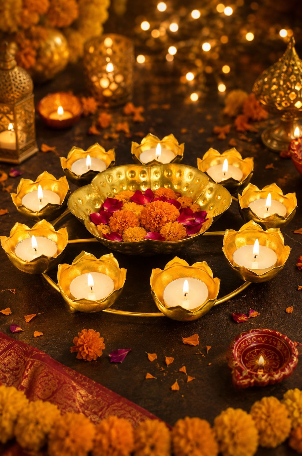Premium Lotus Urli Bowl with 8 Tea Light Holders | Hammered Metal Decorative Floating Flower Bowl | Gold Finish Centerpiece for Diwali, Pooja, Weddings, Festivals, Home Décor & Gifting