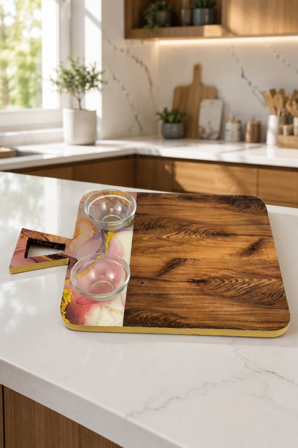 Premium Resin & Wood Serving Board with 2 Glass Bowls | MDF Cheese Board & Charcuterie Serving Platter | Multipurpose Snack, Bread, Fruit & Appetizer Serving Tray
