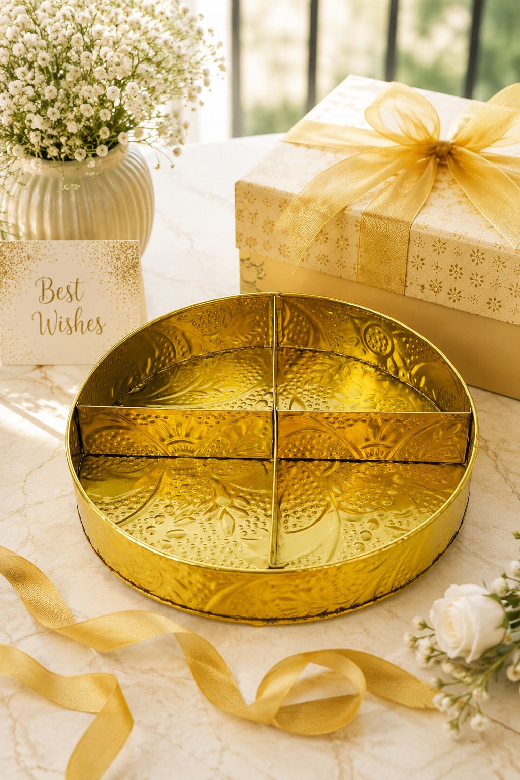 Premium Brass Dry Fruit Serving Tray with 4 Compartments | Round Brass Snack Platter | Dry Fruit, Namkeen, Candy & Mukhwas Organizer | Decorative Serving Tray | Festive Gift