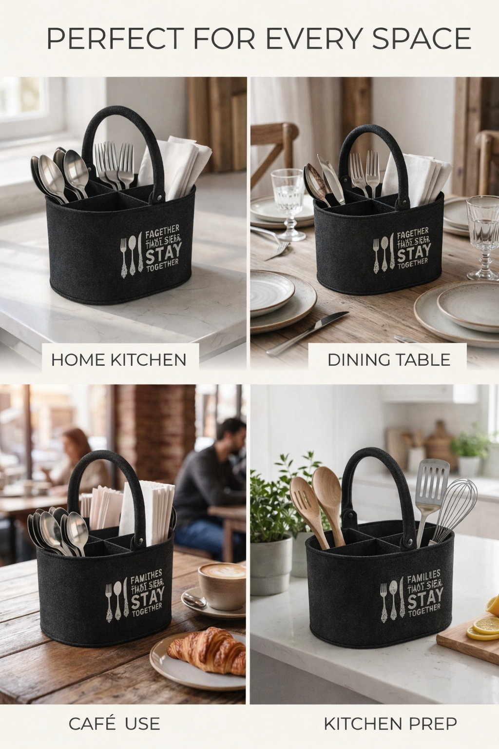 Premium Metal Cutlery Holder with Handle | 4 Compartment Utensil Caddy Basket Organizer | Portable Spoon, Fork, Knife & Napkin Stand for Kitchen, Dining Table & Home Storage