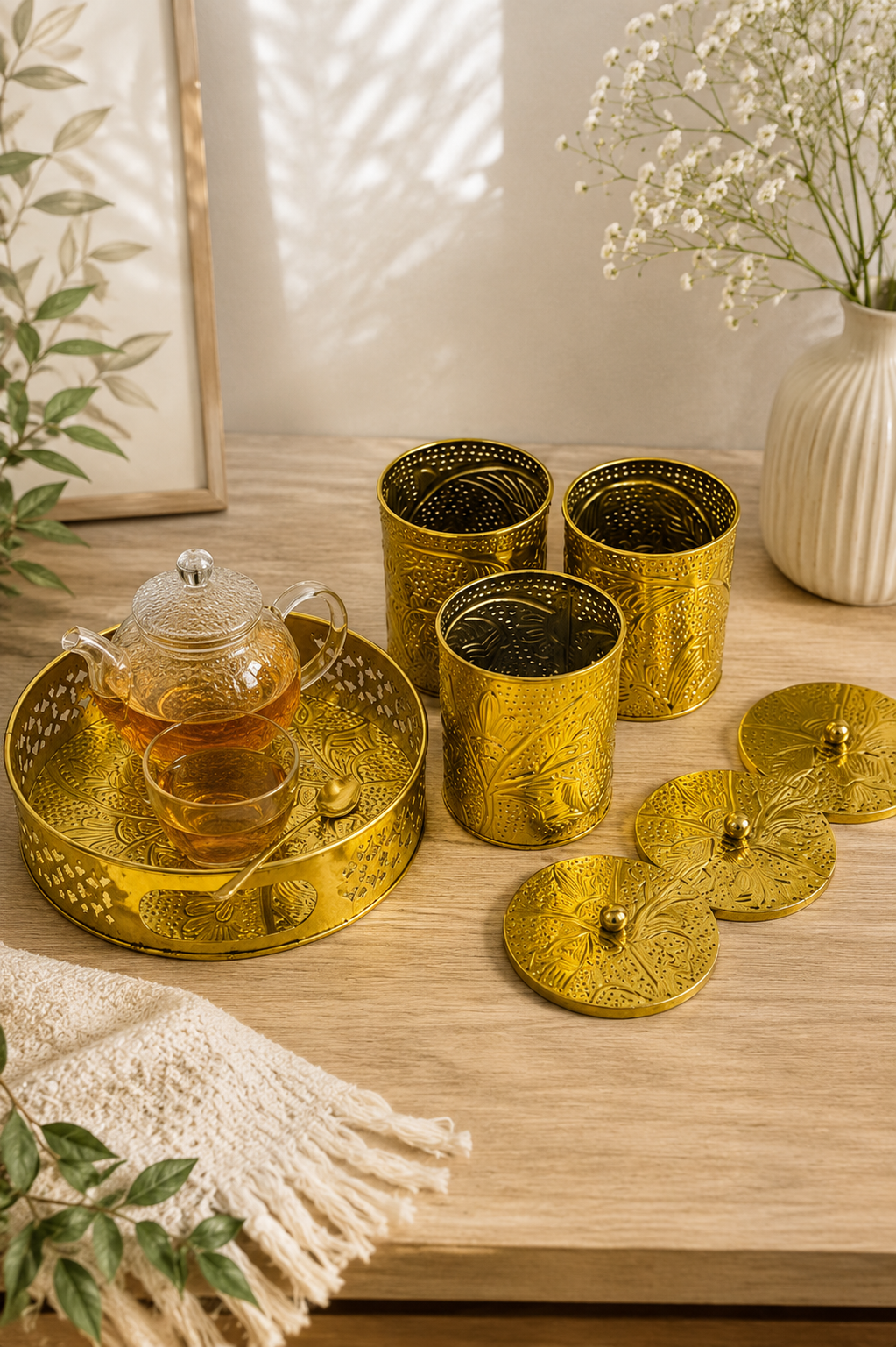 Premium Brass Dry Fruit Container Set with Tray | 3 Storage Jars with Lids | Decorative Brass Serveware | Dry Fruit, Mukhwas, Candy & Spice Organizer | Gift Set