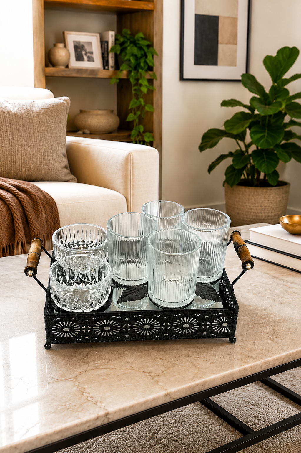 Premium Metal Serving Tray Set with 4 Glasses & 2 Crystal Bowls | Decorative Beverage & Snack Serving Set with Wooden Handles | Tea, Coffee, Juice, Dry Fruit & Party Serving Tray for Home