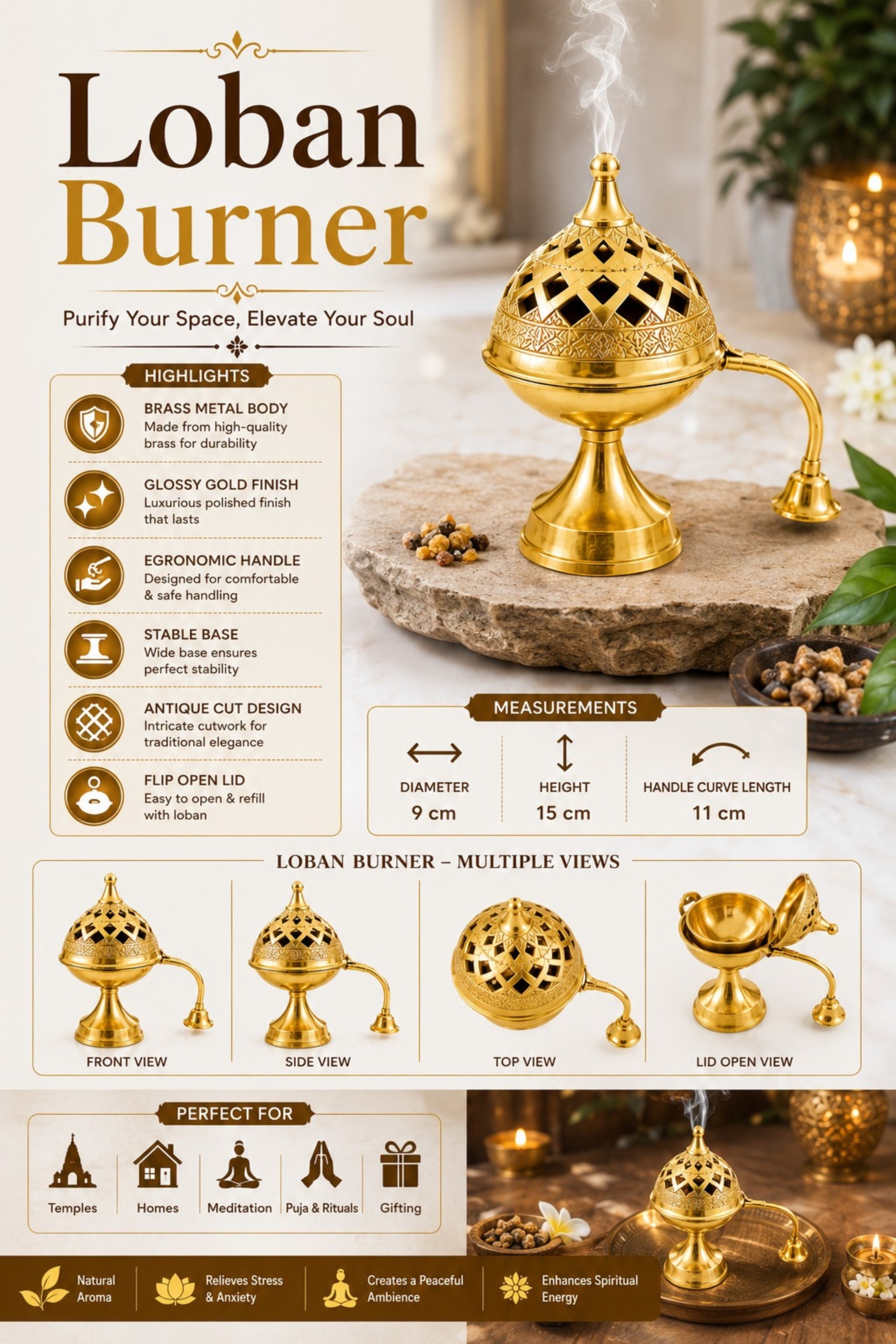Premium Brass Loban Burner with Handle | Handcrafted Brass Dhoop Dani for Loban, Sambrani Cups, Bakhoor, Resin Incense & Dhoop | Hinged Lid Pooja Incense Burner for Home Temple, Meditation & Gifting
