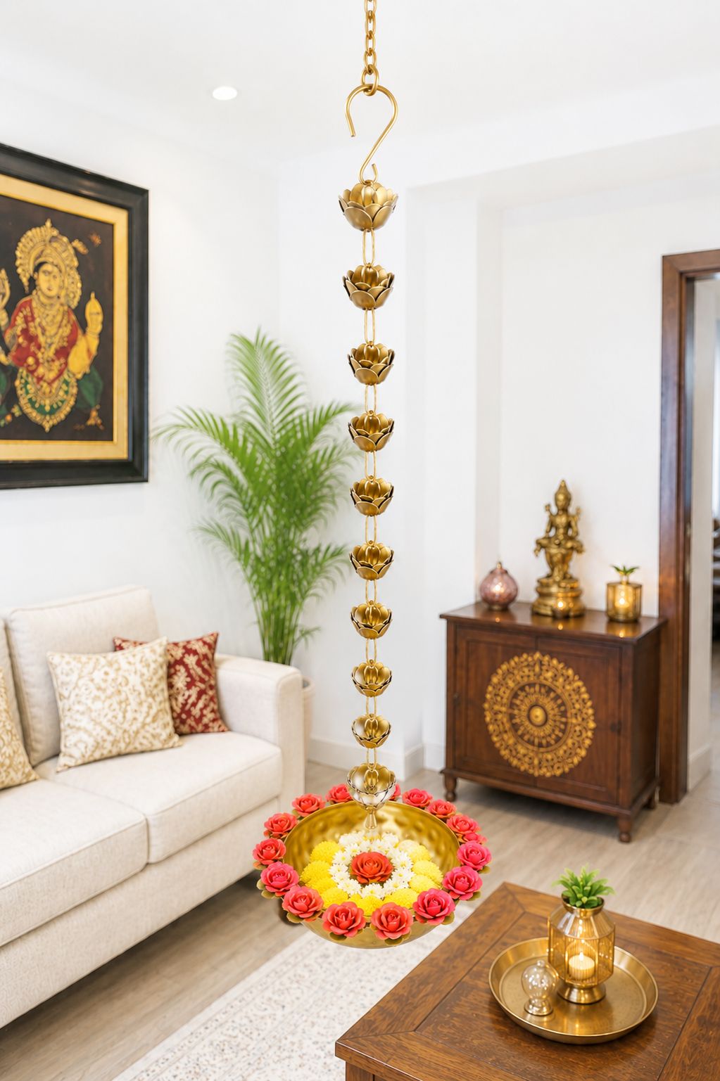 Premium Hanging Lotus Urli Bowl with Rose Rim Design | Decorative Metal Floating Flower Bowl with Lotus Chain | Hanging Urli for Water, Candles, Tea Lights, Diwali, Pooja, Wedding & Home Décor