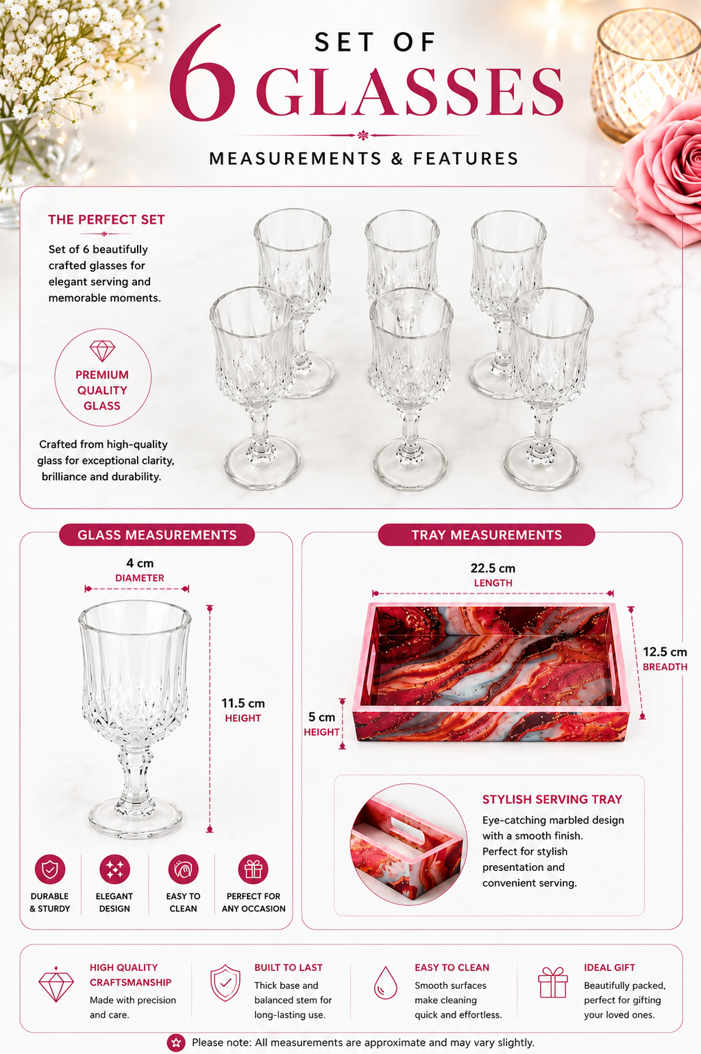Premium Shot Glass Set Of 6 With MDF Resin Tray | Clear Designer Liqueur Glasses For Vodka, Whiskey, Tequila & Cocktails | Barware Set For Home & Parties