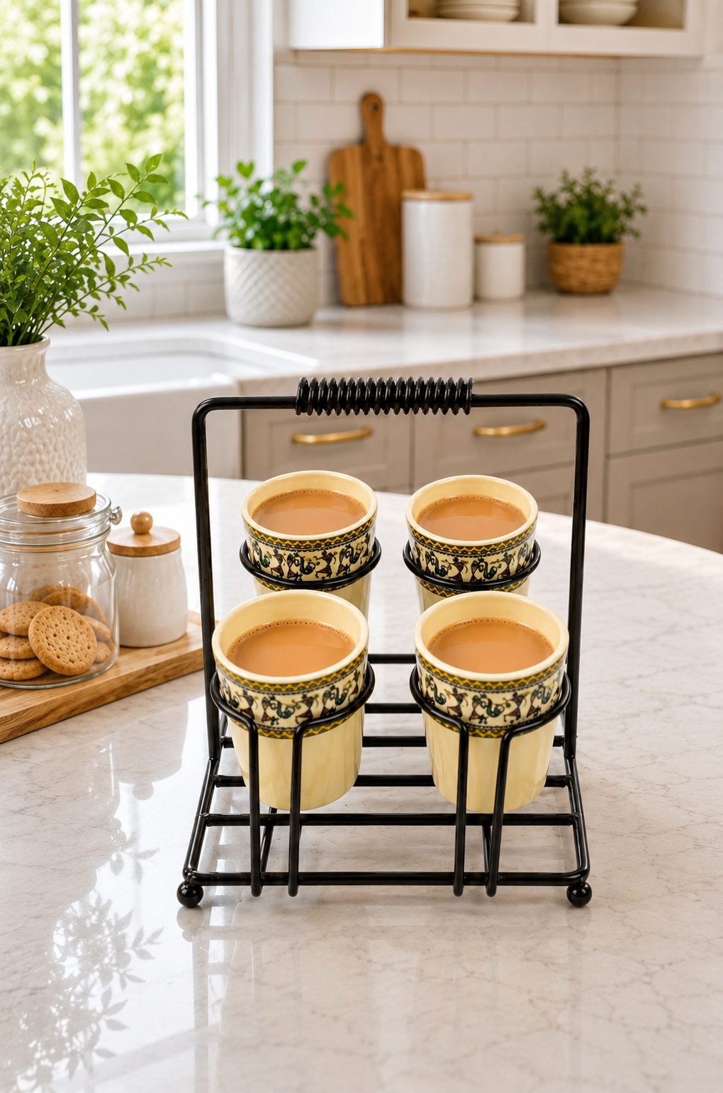 Set of 4 Ceramic Tea Cups with Metal Stand | Traditional Printed Kulhad Style Cups with Portable Holder | Tea Coffee Serving Set for Home Kitchen & Gifting