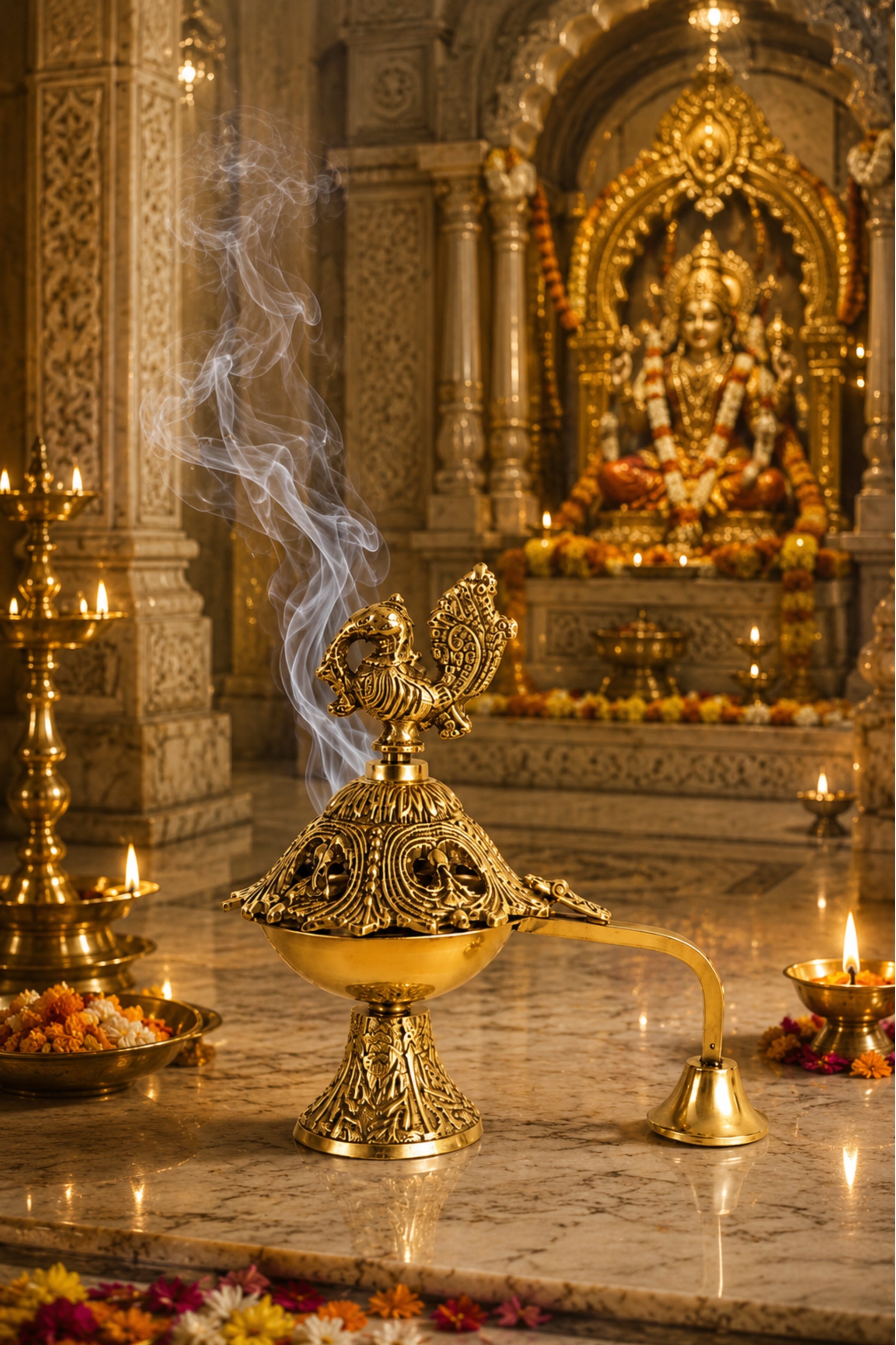 Premium Peacock Brass Incense Burner with Handle | Handcrafted Brass Dhoop Dani for Sambrani, Loban, Dhoop Cups & Resin Incense | Decorative Pooja Dhuni Burner for Home & Temple