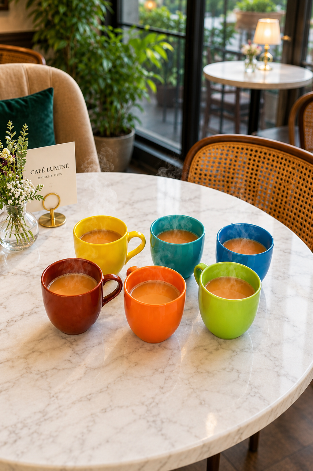 6 Colorful Ceramic Coffee Mug Set with Metal Mug Tree Stand | Space Saving Cup Holder Rack | Tea & Coffee Cups with Durable Metal Stand | Modern Kitchen Counter Organizer | Gift Set for Home & Office