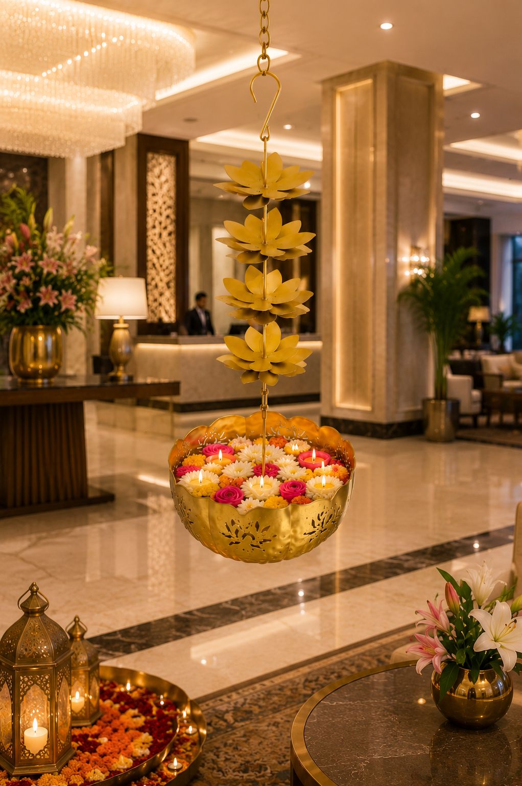 Premium Hanging Lotus Urli Bowl | Decorative Metal Hanging Flower Urli for Floating Flowers, Water & Candles | Traditional Hanging Urli for Diwali, Pooja, Wedding & Home Decoration