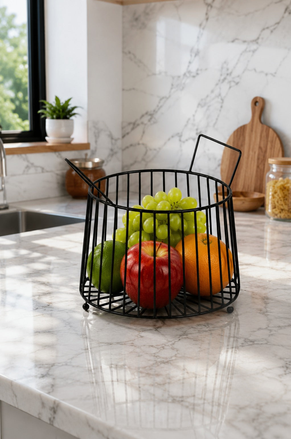 Modern Metal Fruit Basket | Round Wire Storage Basket with Handles | Decorative Kitchen & Dining Table Organizer