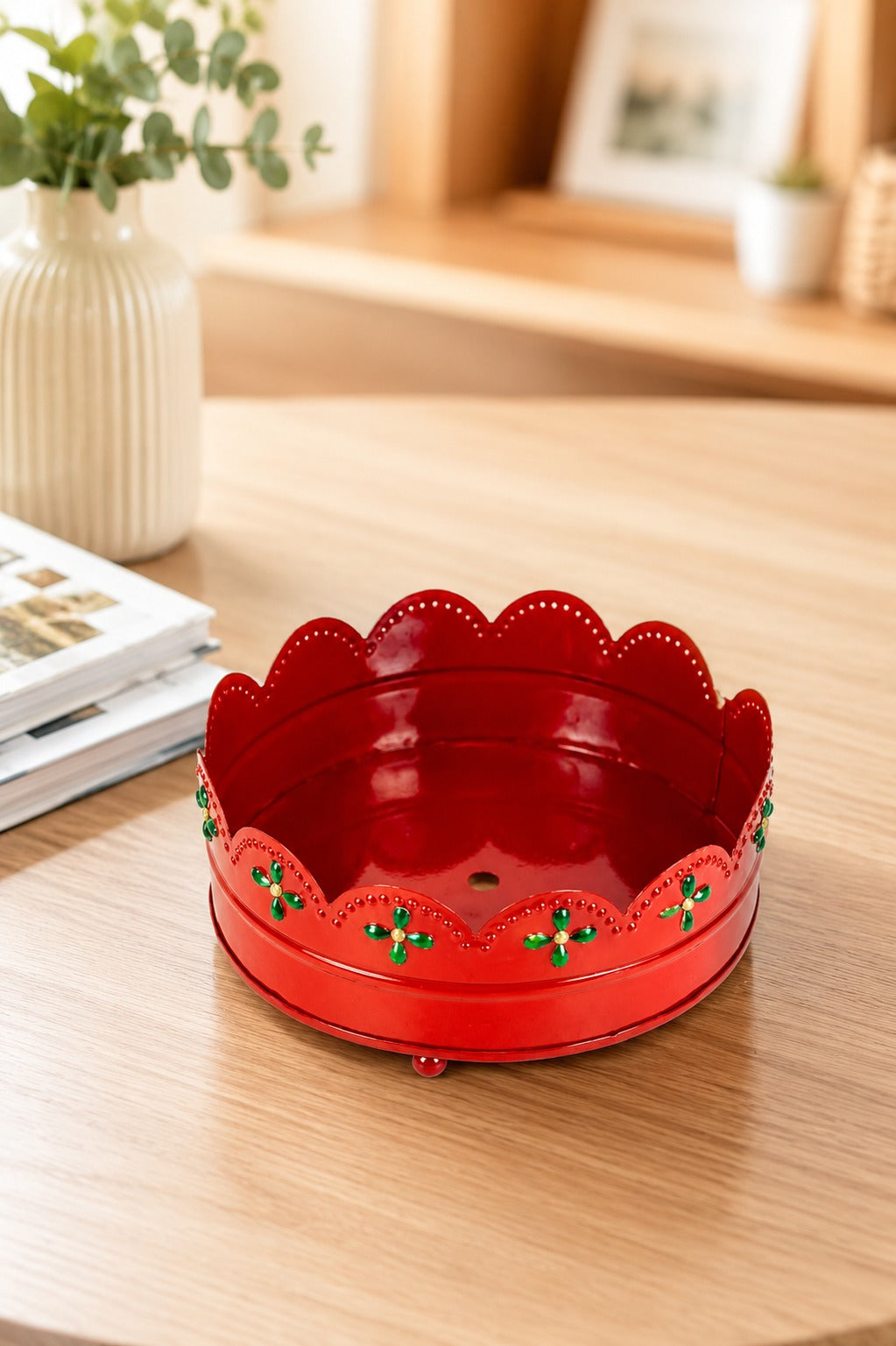 Premium Decorative Metal Gift Tray (Red) | Round Red Multipurpose Hamper Basket | Floral Cutwork Serving Tray | Fruit, Dry Fruit, Gift Packing & Home Decor Tray | 16 cm