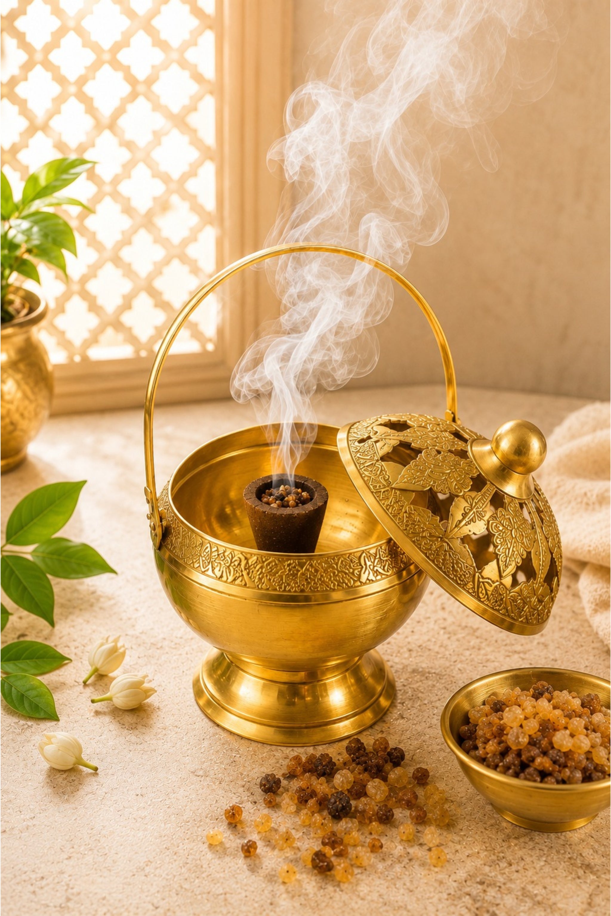 Premium Brass Metal Incense Burner with Handle | Handcrafted Dhoop Dani for Sambrani, Loban, Dhoop Cups & Resin Incense | Decorative Smoke Diffuser for Home, Temple & Pooja Room