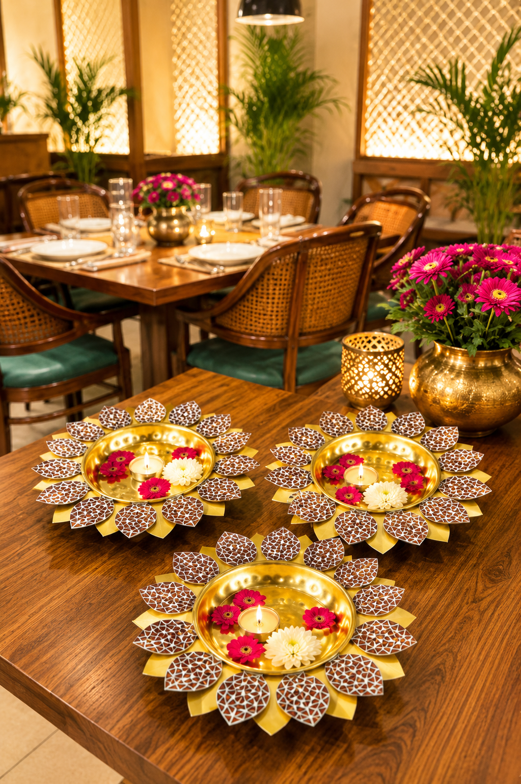 Premium Lotus Urli Bowl Set of 3 with Antique Glass Leaf Design | Decorative Metal Floating Flower Bowls for Water, Candles & Tea Lights | Traditional Urli for Diwali, Pooja, Wedding & Home Décor
