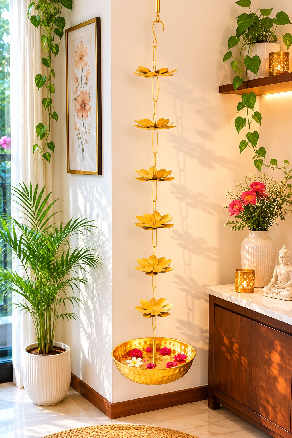 Premium Hanging Lotus Urli Bowl with Decorative Flower Chain | Handcrafted Metal Floating Flower Bowl for Water, Candles & Tea Lights | Hanging Urli for Diwali, Pooja, Wedding & Home Décor
