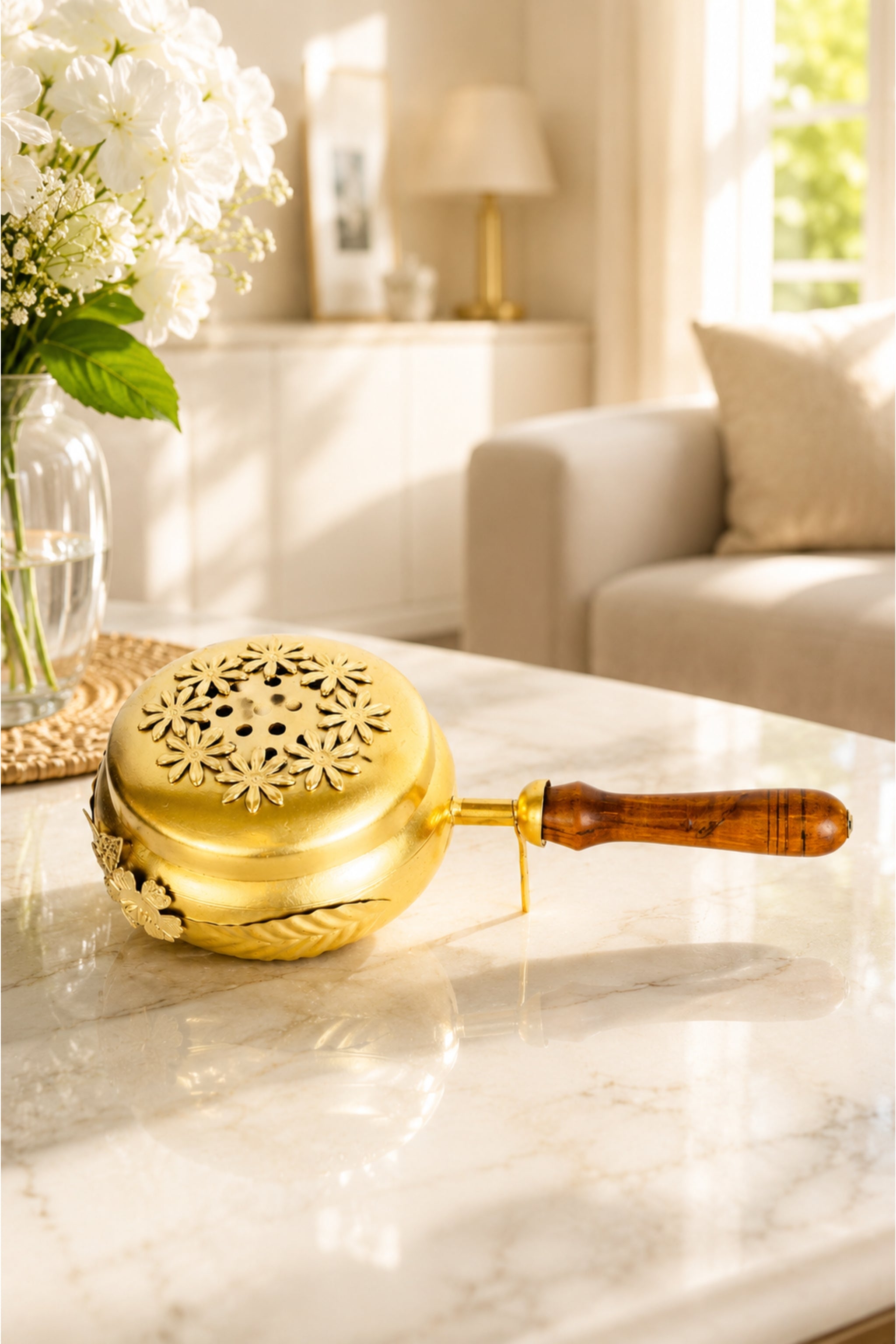 Brass Loban Incense Burner with Wooden Handle | Floral Design Dhoop Dani Dhuni Sambrani Bakhoor Burner | Handheld Incense Holder
