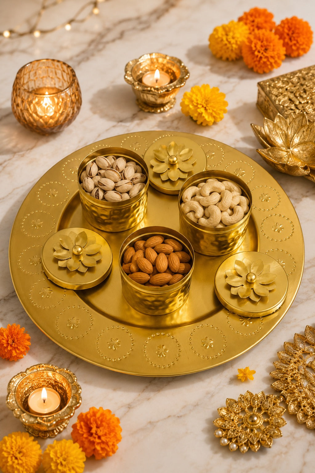Premium Metal Dry Fruit Serving Tray Set with 3 Floral Containers | Decorative Round Platter for Dry Fruits, Sweets, Chocolates & Mukhwas | Luxury Festive Gift Hamper Tray for Diwali, Weddings & Home Décor