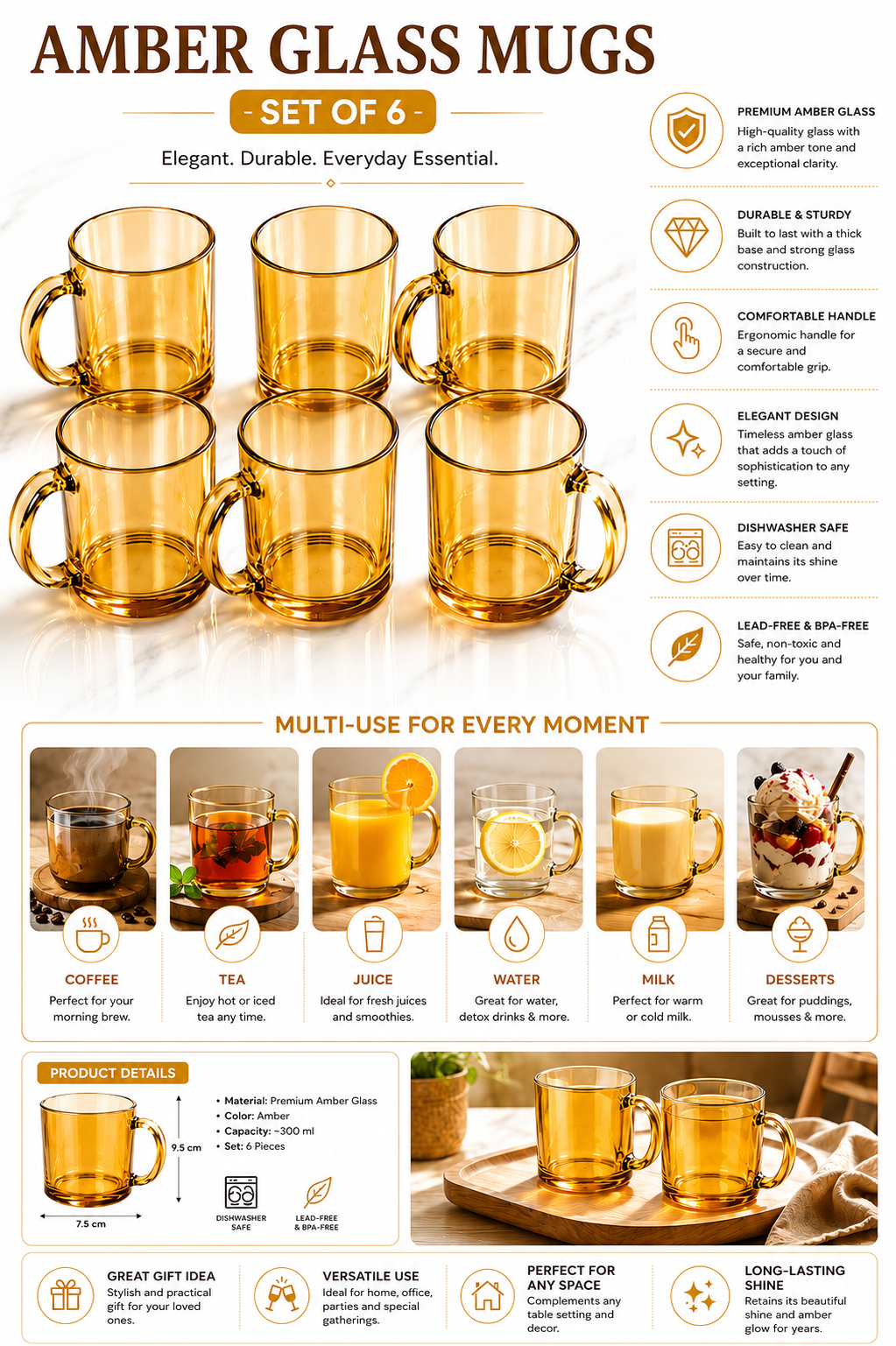 Premium Amber Glass Cup Set with Metal Stand | 6 Pcs Transparent Tea & Coffee Cups (300 ml) | Elegant Glassware with Space-Saving Holder | Durable Designer Drinkware for Home, Kitchen & Gifting
