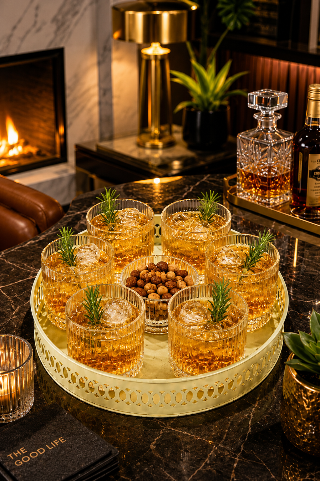 Premium Dancing Glass Serving Set with Round Metal Tray | 6 Self-Balancing Rocking Glasses & 1 Crystal Snack Bowl | Beverage Serving Set for Whisky, Cocktails, Juice, Tea & Home Entertaining