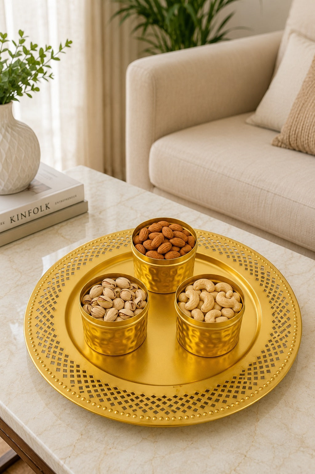 Premium Metal Dry Fruit Serving Tray Set with 3 Containers | Decorative Round Platter with Floral Lid Jars | Multipurpose Snack, Sweet, Mukhwas & Festive Serving Set for Home & Gifting