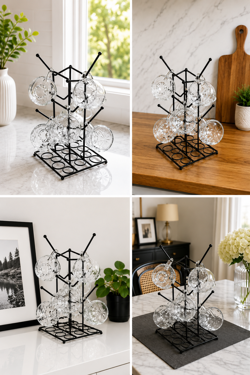 Premium Transparent Glass Cup Set with Metal Stand | 6 Pcs Designer Tea & Coffee Cups | Elegant Clear Glassware with Space-Saving Holder | Modern Drinkware for Home, Kitchen & Gifting