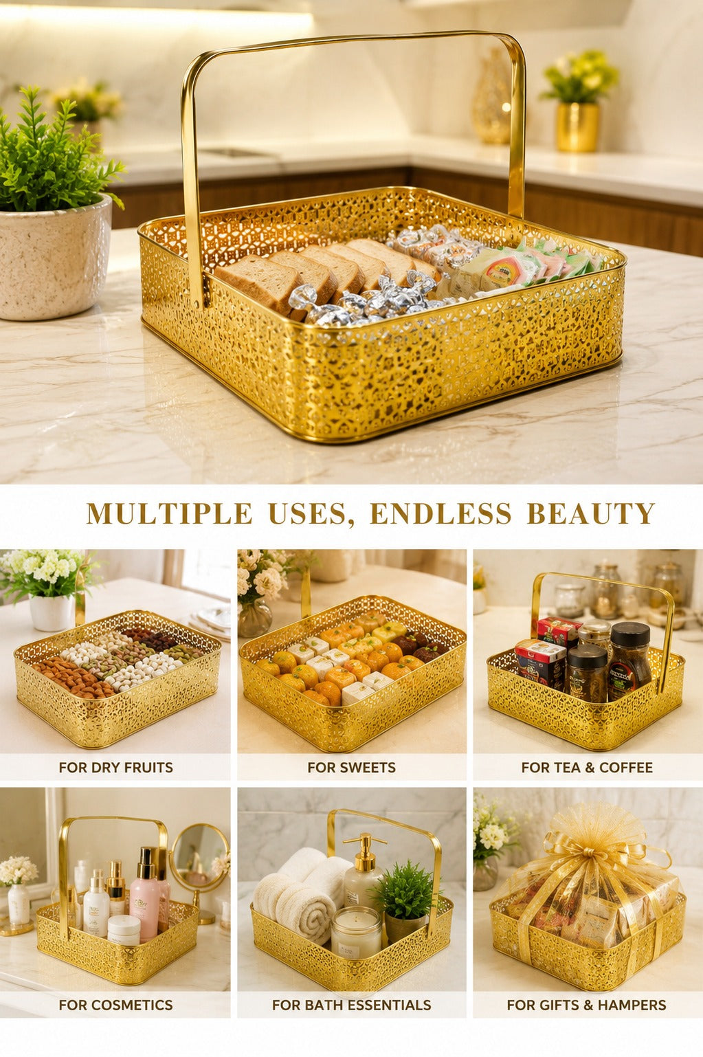 Premium Golden Metal Gift Basket with Handle | Large Decorative Storage Basket | Multipurpose Fruit Basket, Dry Fruit Hamper, Pooja Basket & Home Organizer