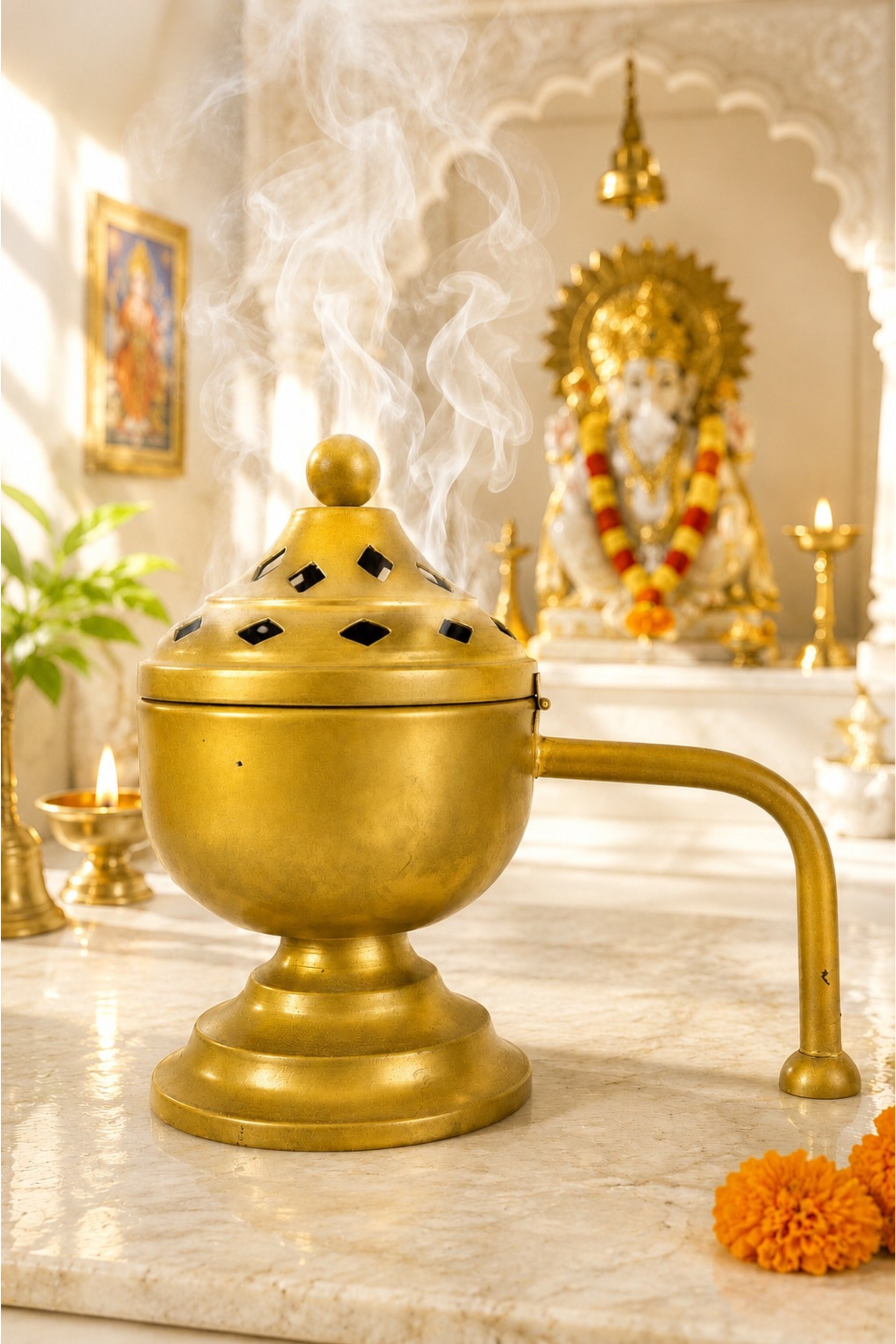 Brass Finish Metal Dhoop Dani with Wooden Handle & Lid for Pooja, Loban & Sambrani Burning | Covered Incense Burner for Home Temple, Havan, Vastu & Premium Festive Gift Item