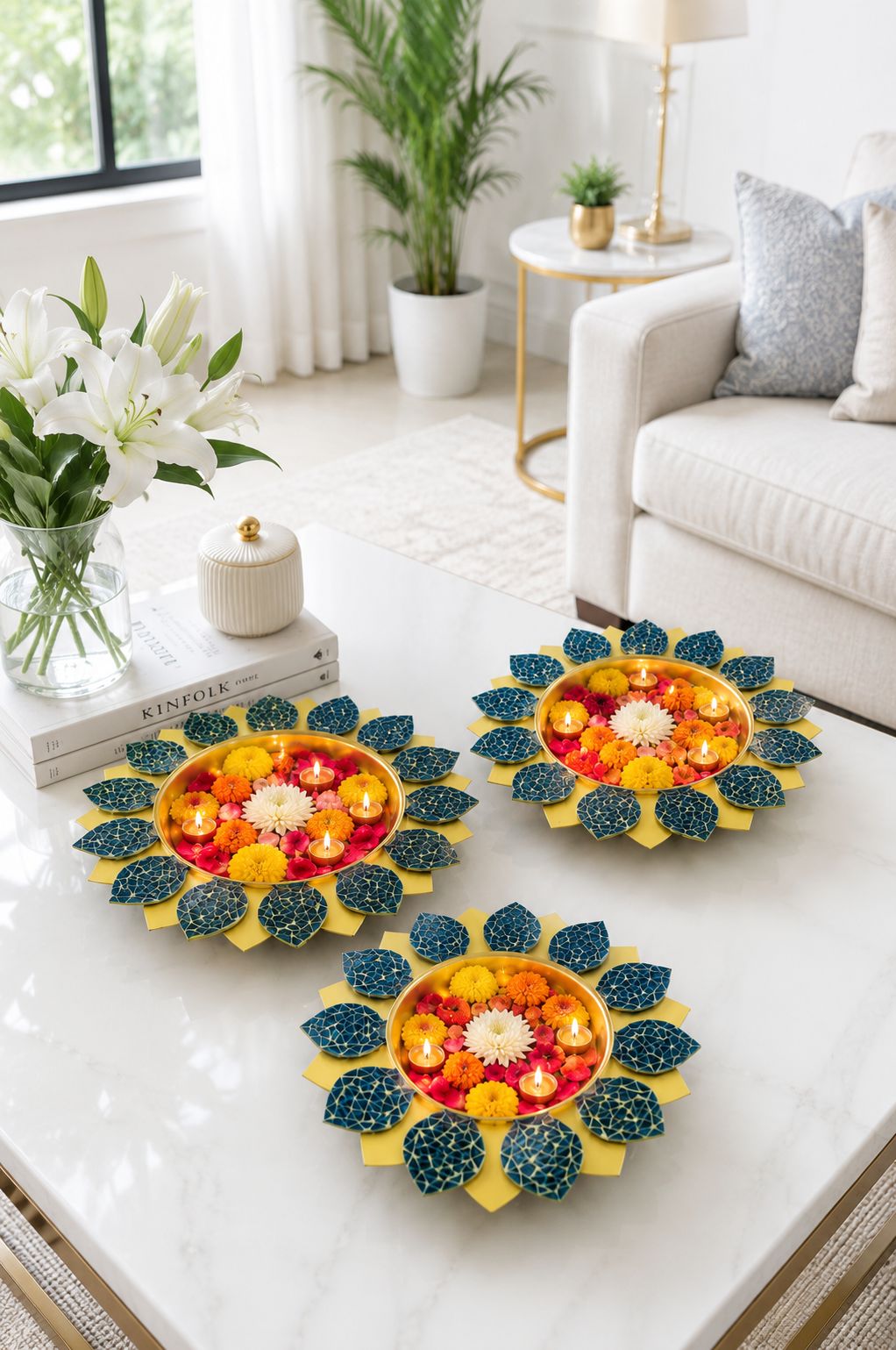 Premium Set of 3 Decorative Metal Urli Bowls with Mosaic Glass Petals | Floating Flower Bowl for Candles, Water Décor & Rangoli | Decorative Urli for Diwali, Pooja, Wedding, Festivals & Home Decoration