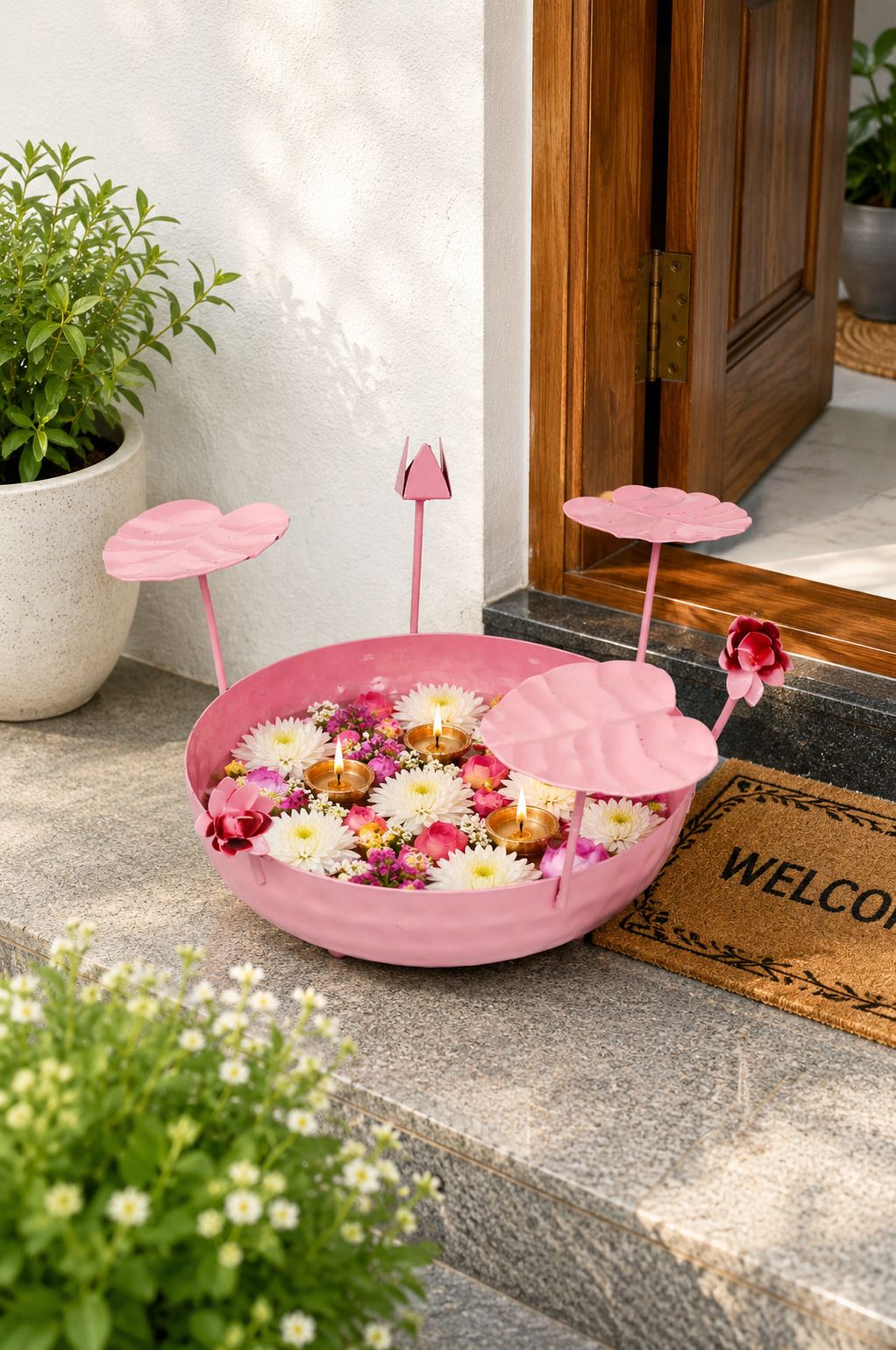 Galvanized Metal Urli Bowl for Floating Flowers & Candles | Decorative Urli with Lotus Stems for Home & Festival Decor (Pink)