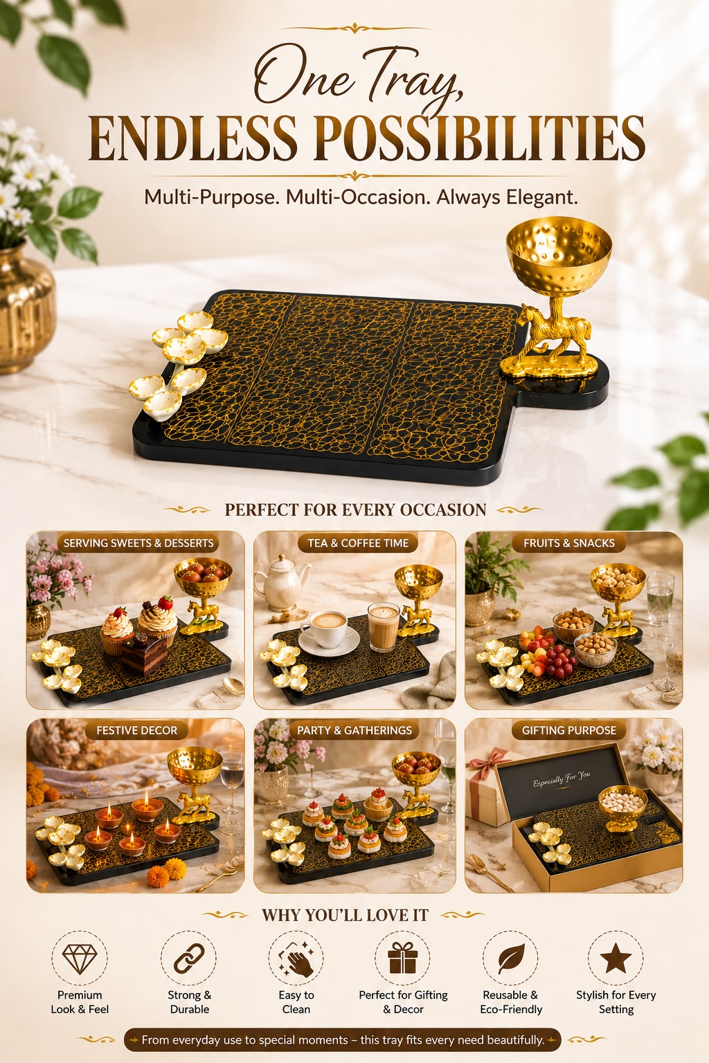 Premium MDF Serving Platter with Golden Horse Dip Bowl | Decorative Snack Serving Board | Burger, Fries, Pizza & Appetizer Serving Tray | Luxury Food Serving Platter | Black & Gold