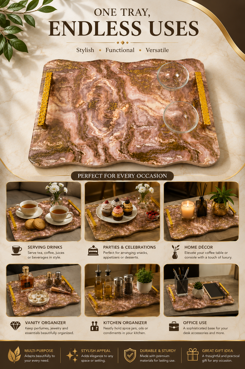 Premium Marble Design MDF Serving Tray with 2 Glass Bowls & Gold Handles | Decorative Multipurpose Serving Platter | Luxury Tea, Coffee, Snacks & Dry Fruit Serving Tray