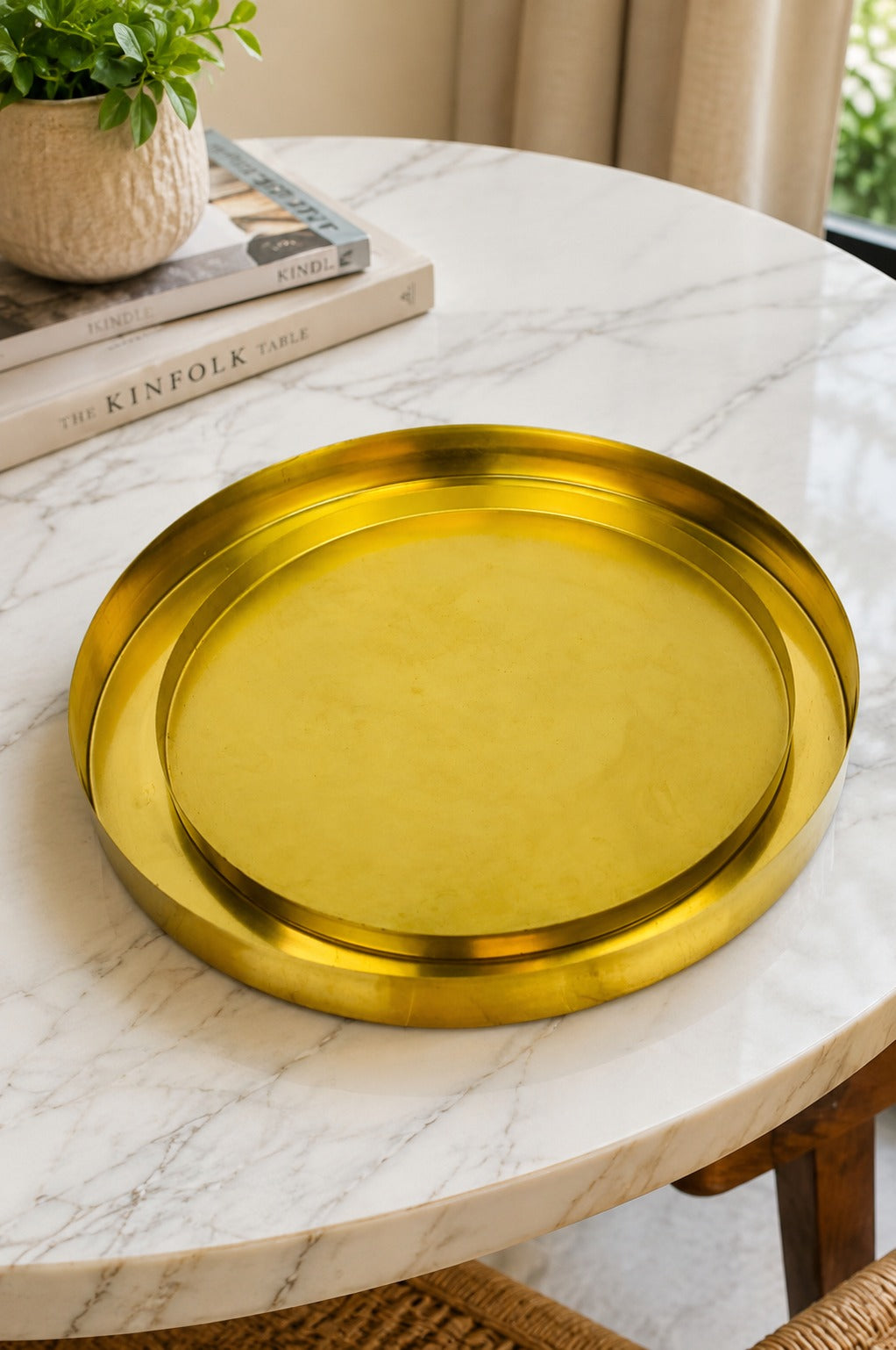 Premium Brass Metal Tray Set of 2 | Round Multipurpose Serving, Pooja & Decorative Trays | Large & Small Brass Finish Trays for Kitchen, Home Décor & Gifting