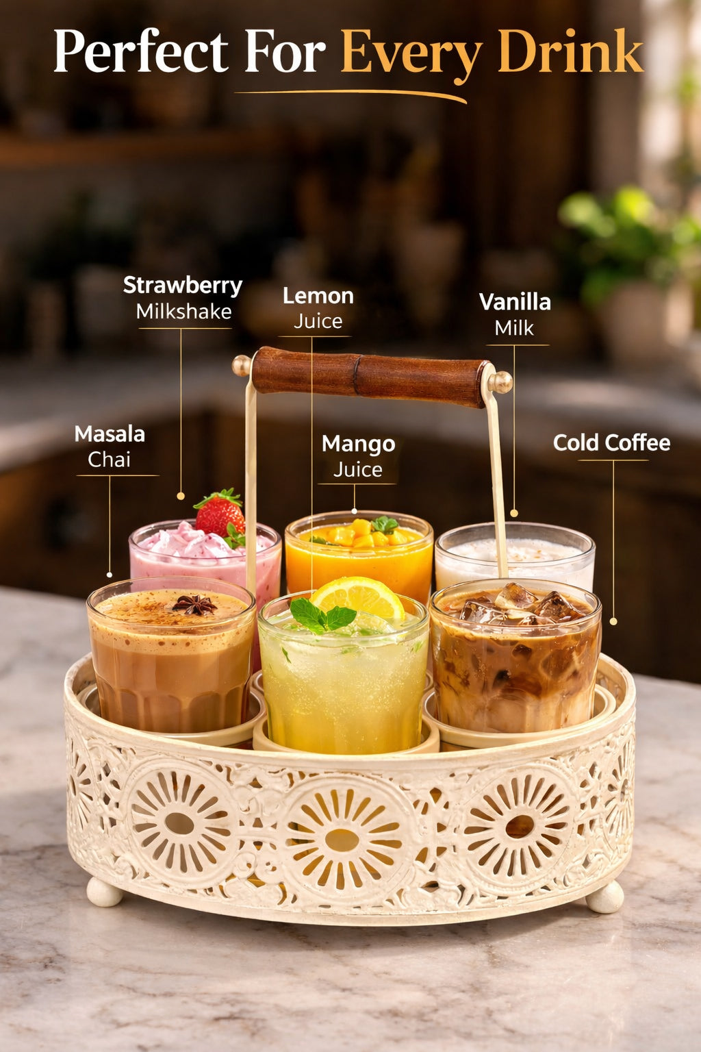 Premium Cutting Chai Glass Set of 6 with Metal Stand | Traditional Indian Tea Glasses with Heavy Brown Holder | Tapri Style Chai Cups for Home, Café, Restaurant & Kitchen Use