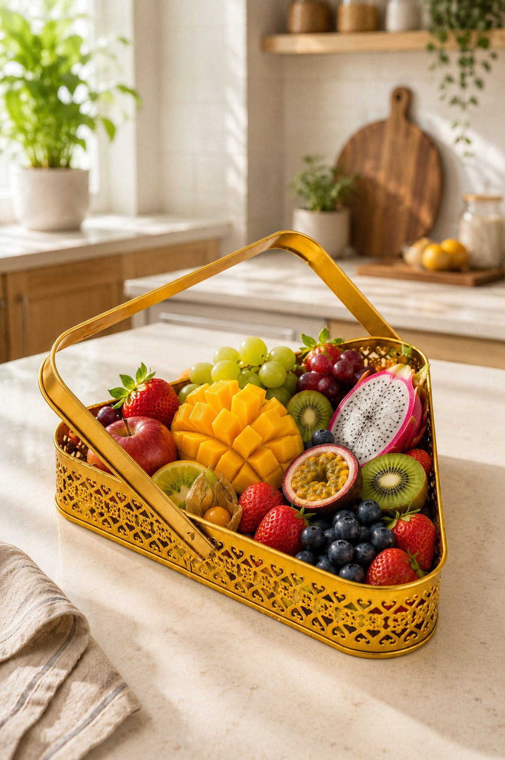 Premium Triangle Metal Basket with Handle (Large) | Decorative Gold Serving Basket | Gift Hamper Basket | Dry Fruit, Snacks & Organizer Tray | Metal Storage Basket for Home Décor