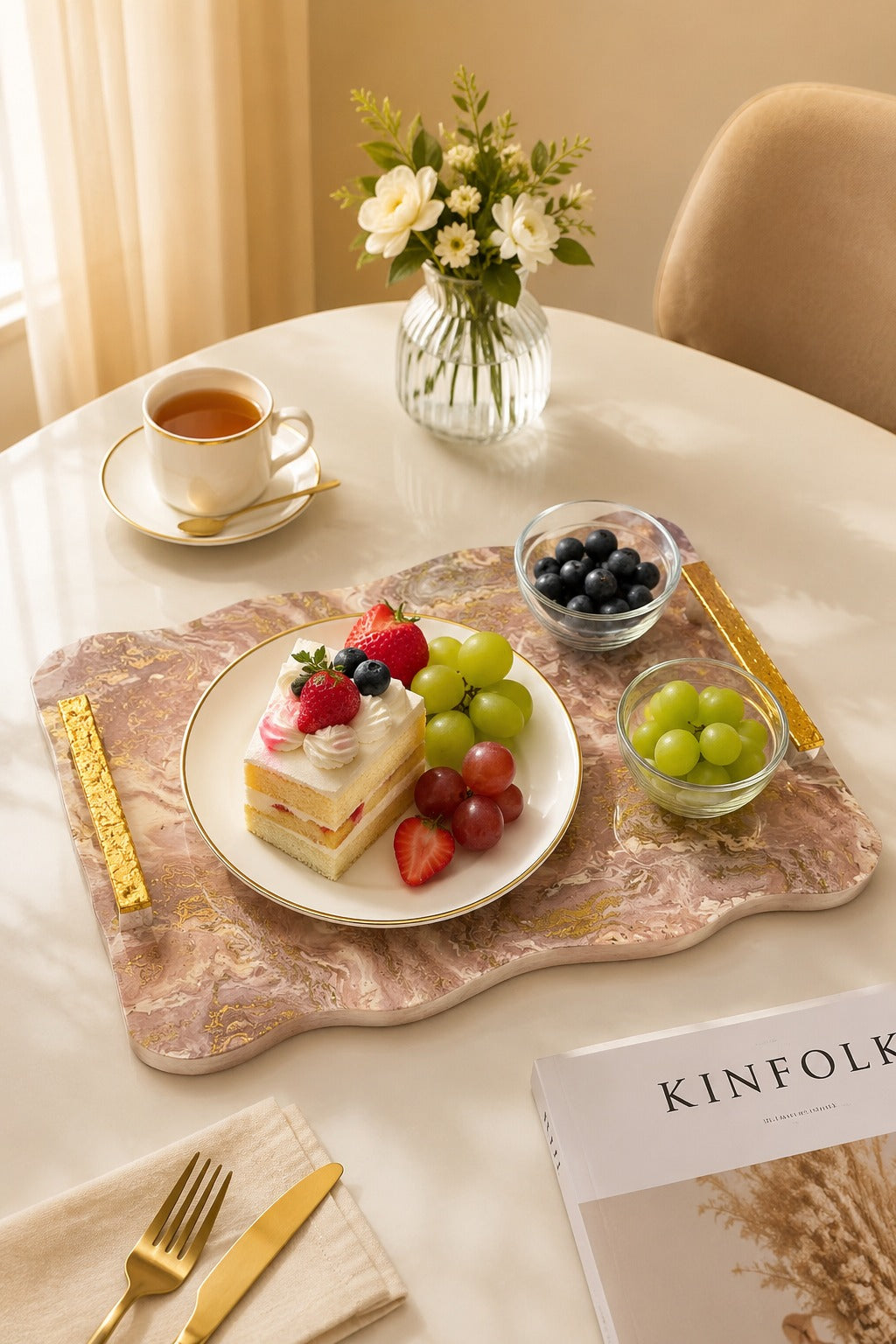 Premium Marble Design MDF Serving Tray with Gold Handles & 2 Glass Bowls | Decorative Multipurpose Snack Serving Platter | Luxury Tea Coffee Serving Board for Home, Parties & Gifting